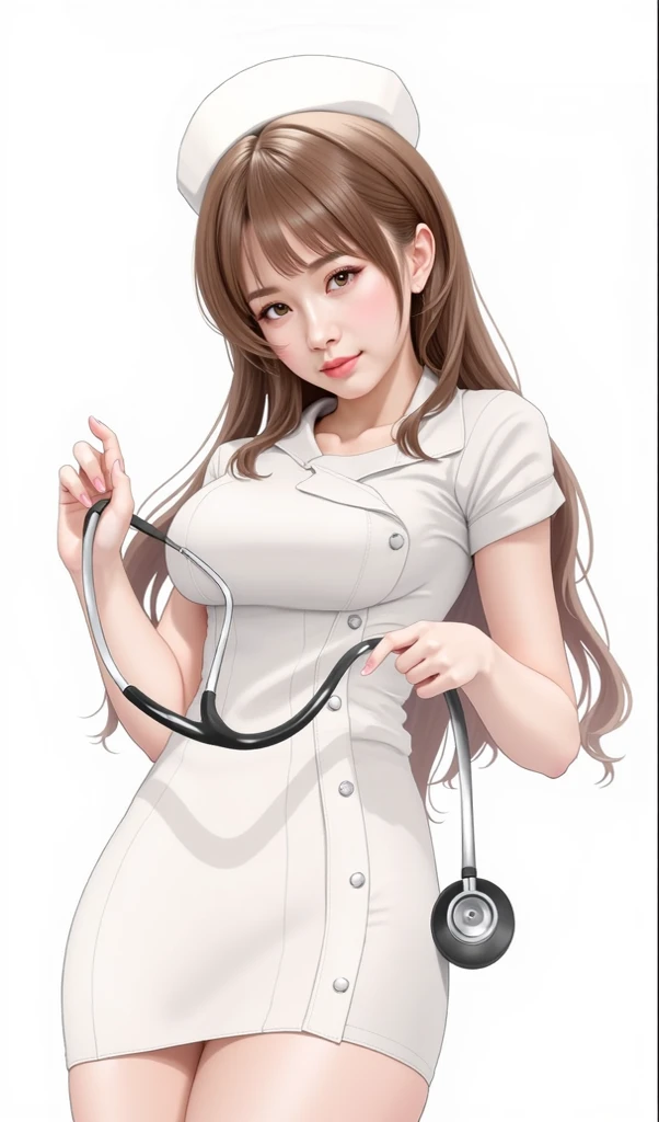 realistic girl in a nurse uniform with a stethoscope, nurse girl, with a stethoscope, doctor, (doctor), stethoscope!, medical doctor, nurse, high quality fanart, [ 4 k digital art ]!!, marin kitagawa fanart, official fanart, wearing lab coat and a blouse, detailed fanart, with a lab coat, korean girl she have big breasts long legs, perfect body and hands