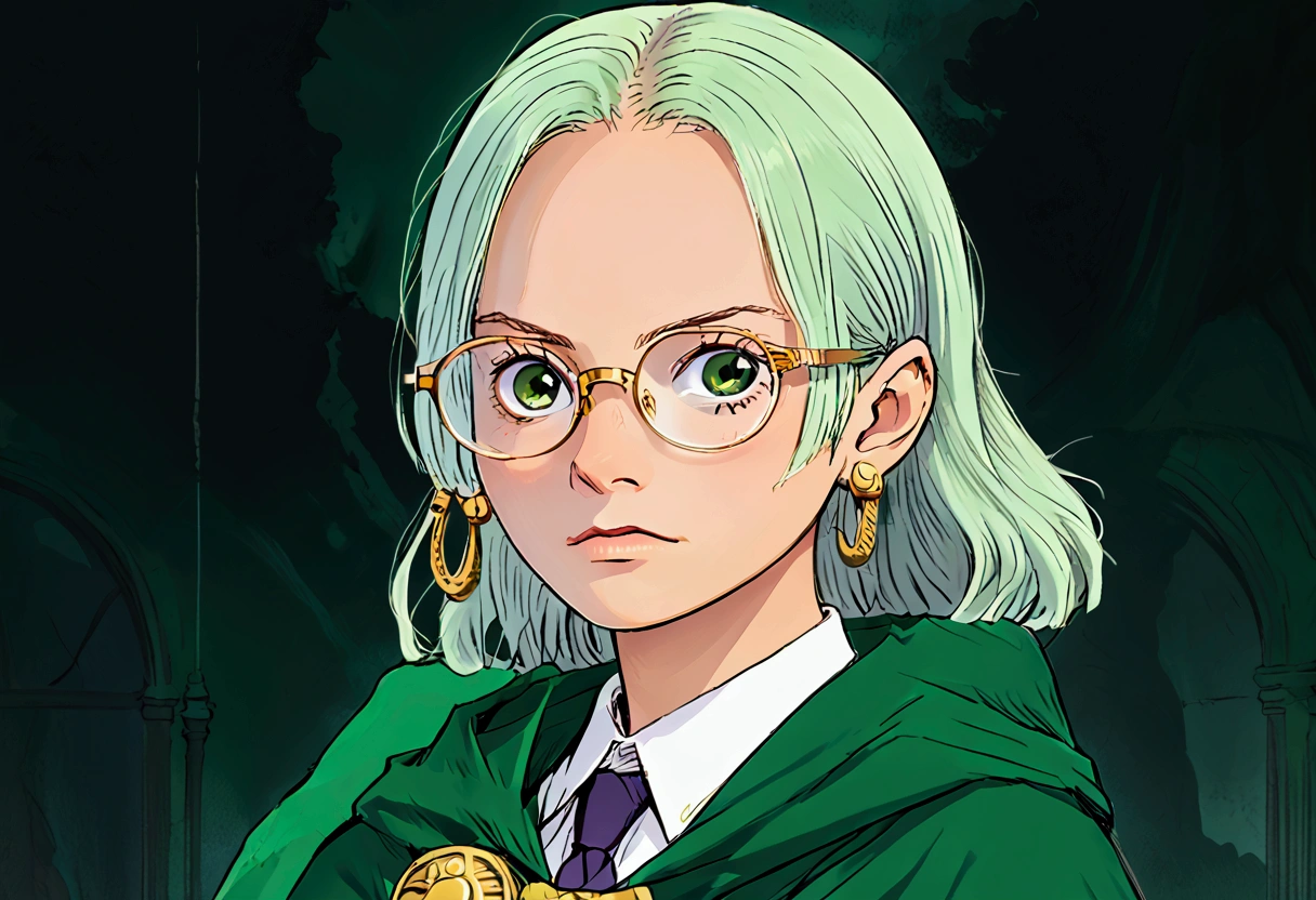 -yeld yo man with similar appearance to Detective Conan, with glasses. He has a pale complexion , which contrasts with the intense green of her hair. A barely visible scar runs across his right cheek., a reminder of a previous encounter with danger.  Her ears are slightly pointed , a distinctive feature indicating special ancestry.  He wears an elegant green cape ,  that falls elegantly on her shoulders , with gold details on the edges that give it a touch of elegance.
