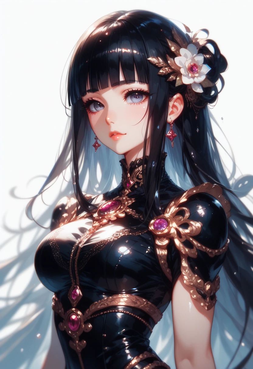 Anime girl, black hair, white skin, black eyes, queen dress