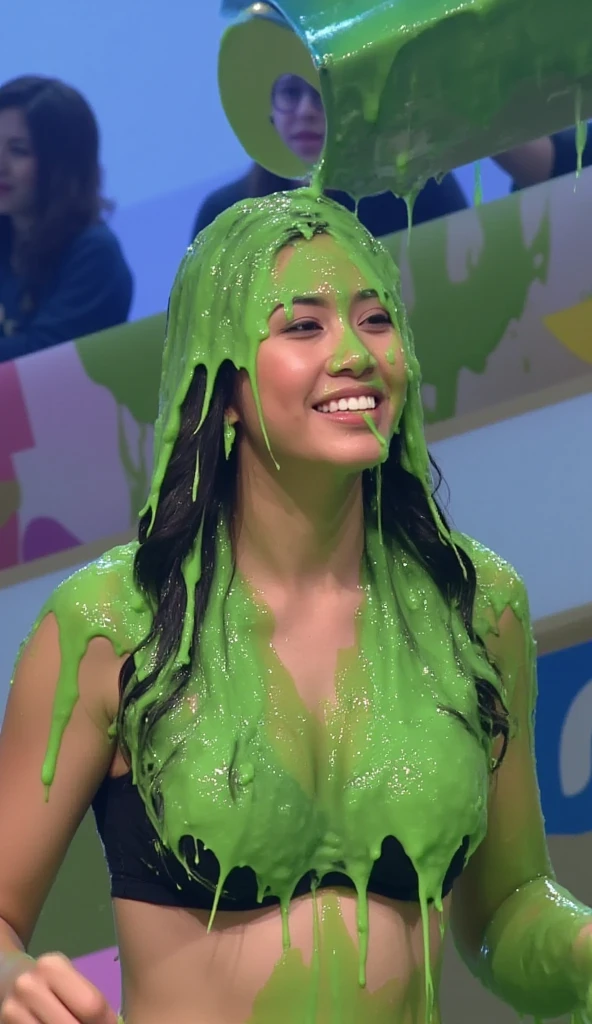 Portrait photograph of Indian woman covered in green slime. hyper-realistic style. 8k. Photorealistic. Glistening slime. Green slime. Dripping slime. Raw photo. Indian. (Indian girl: 1.1). F/1.4 aperture. 35mm. (Wearing red and gold  Indian saree: 1.2). Cleavage. Wet. Messy hair. Slime on face. Gameshow. Dark skin. Brown skin.