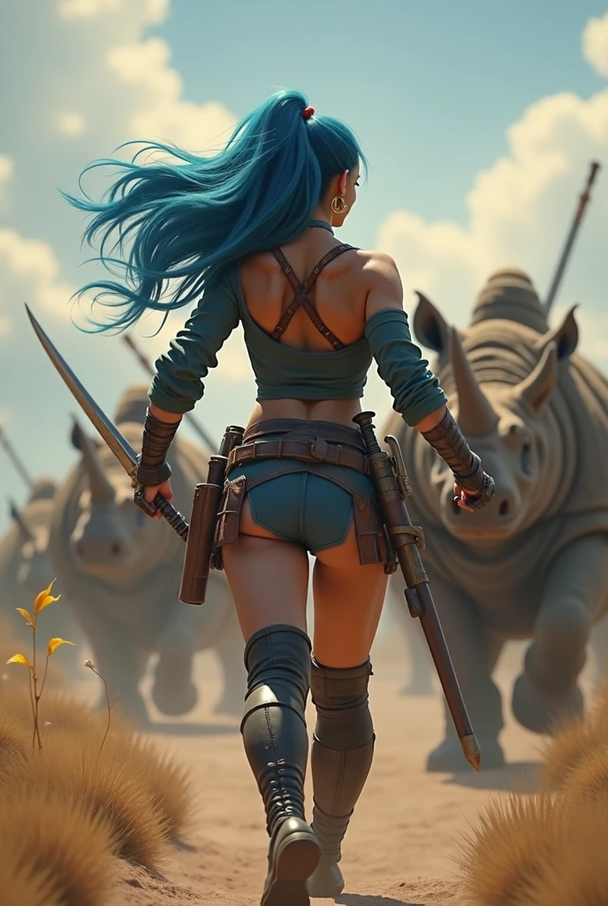 100 Warriors takes sword and gun, running through battle with giga rhino, lady with pony tail, very long hair blue, watching from afar, off shoulder sweater mini, with lightstick, very big boobs, sexy girl, from afar view