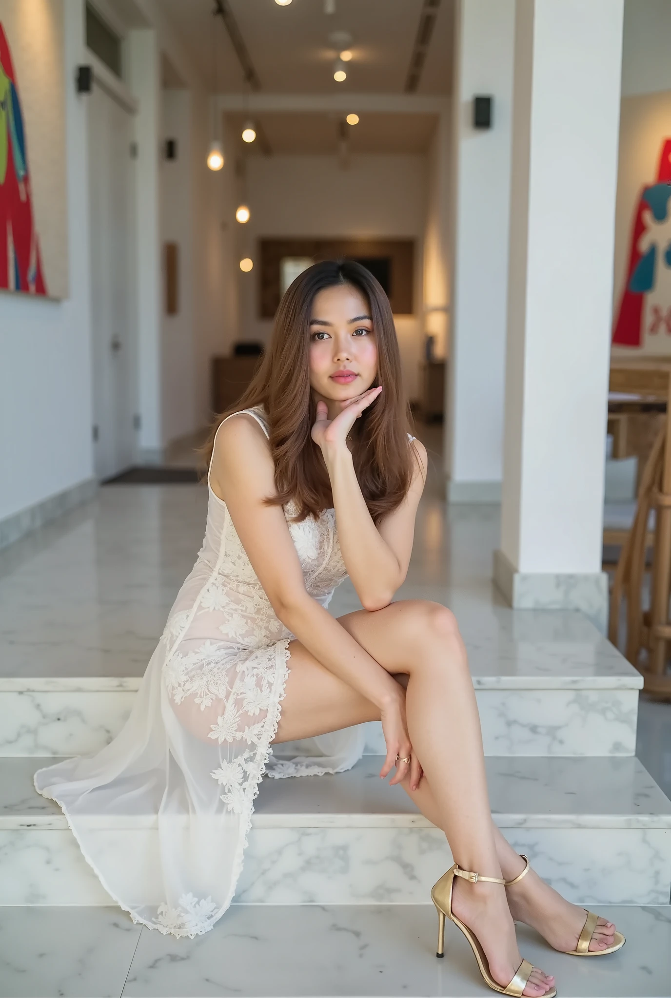 Inside a contemporary art gallery adorned with striking installations, the Thai woman sits poised on a sleek marble staircase, surrounded by vivid colors and shadows cast by abstract pieces of art. Her long, wavy chestnut-brown hair tumbles elegantly over her shoulders, impeccably framing her face. Wearing a chic, white sleeveless dress with intricate floral lace embroidery, the delicate slit artfully reveals her leg, showcasing her graceful silhouette against the gallery's minimalist backdrop. The soft, diffused daylight streaming through large windows creates a serene ambiance, illuminating her flawless skin and enhancing the elegance of her confident pose. One leg rests bent close to her chest while the other extends down into the space, embodying modern sophistication. The gold high-heeled shoes she wears glimmer subtly, reflecting the creativity that surrounds her and reinforcing her captivating presence within this artistic haven.