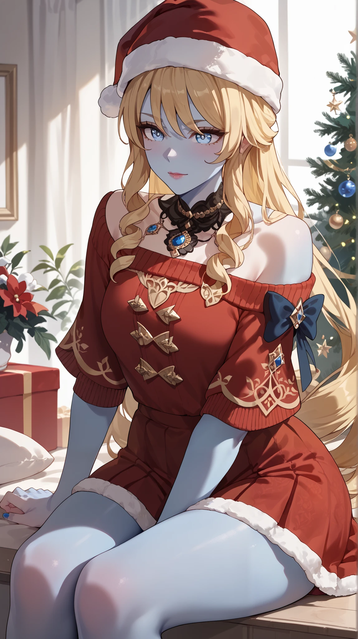 Score_9, Score_8_up, Score_7_up, Score_6_up, Score_5_up, Score_4_up, athlatic body, Source_anime, Christmas dress, ginavia, sitting, santa hat, (Blue Skin:1.5) blonde hairs, red croped sweater, mini red skirt, 