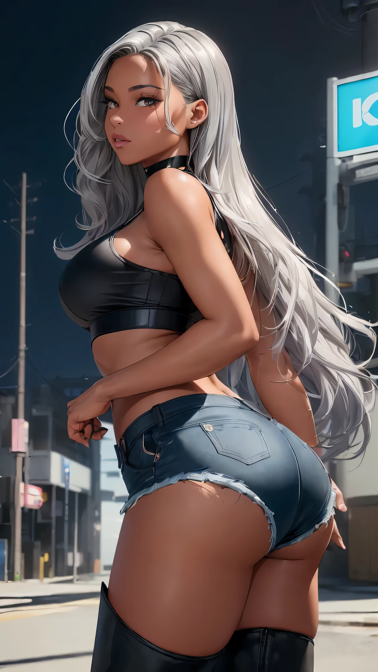 (high resolution, full body, soft skin:1.2),(best illustration,masterpiece:1.2),ultra-detailed,[(cat ears , grey inside:1.2, green eyes, gray long hair),vivid colors,sharp focus,portrait,misty lighting,bokeh, wearing a plaid bikini, amusement park beach waterfront, ferris wheel in background, low light, smiling, back turned, from below