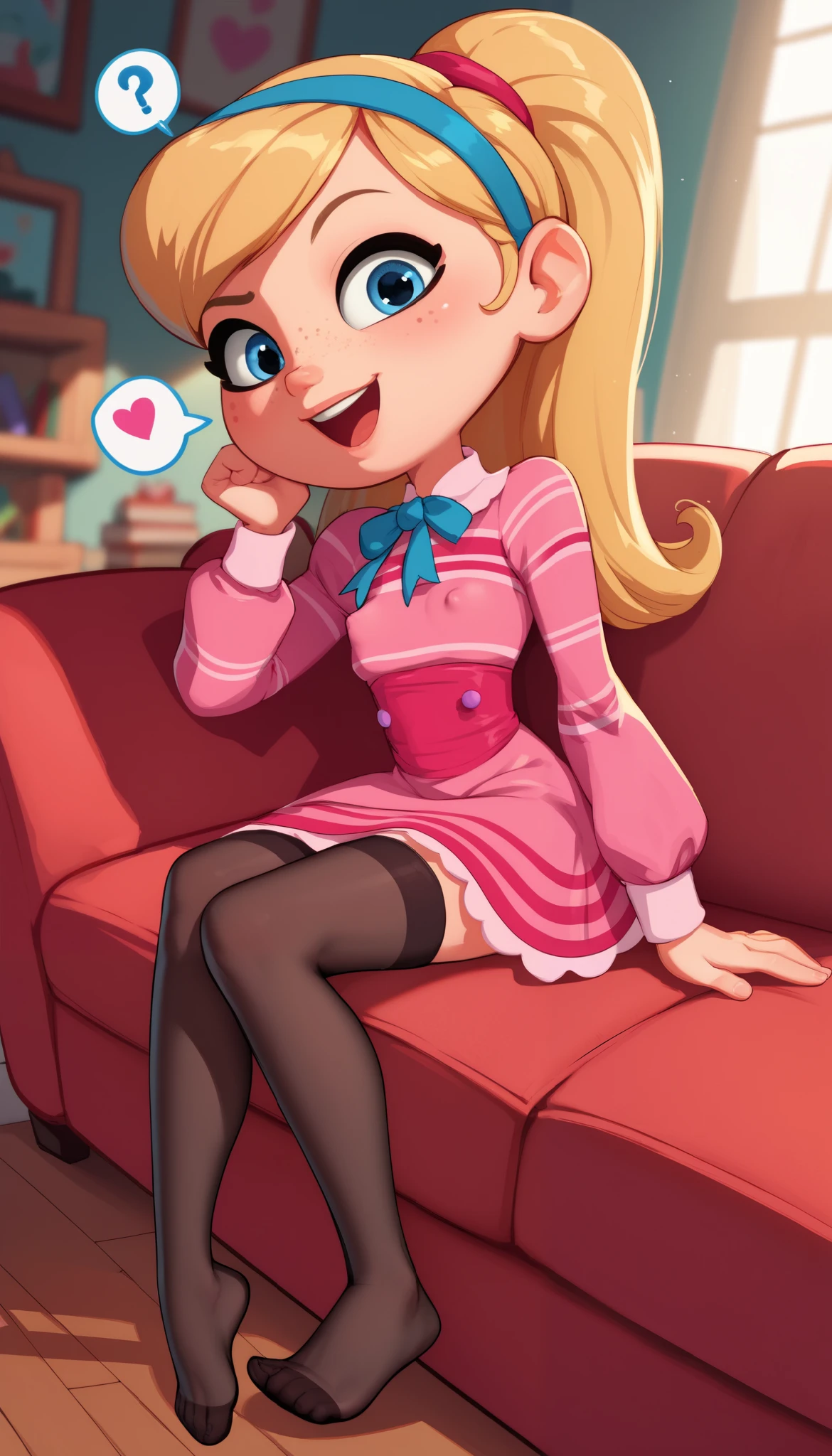 1girl, full body, solo, young girl, 9- , penny peterson, long hair, blue eyes, freckles, blonde hair, skirt, hairband, cyan ribbon, ponytail, black sexy stockings, flirty hips, dress, pink dress, long sleeves, no shoes, score_9, score_8_up, score_7_up, score_6_up, score_5_up, sitting, sofa, sitting up, indoors, heart-warming, head tilted, one eyebrow raised, question mark, open mouth, looking at viewer, soft lighting, tiny breasts, erect nipple bulge