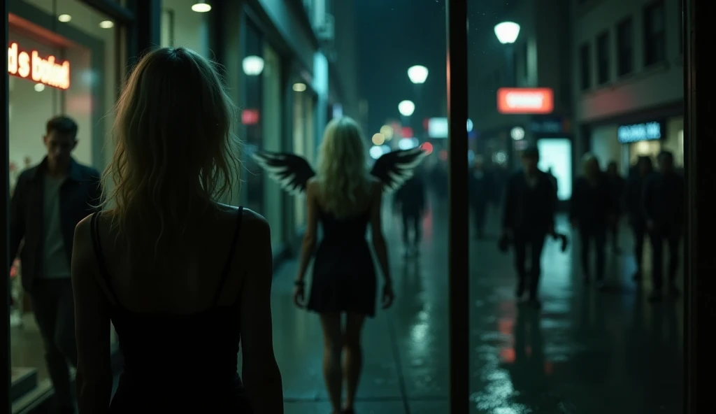 Night, realistic, first-person perspective, The view is directly ahead,  looking at a shopping window reflecting her fragile silhouette. In the glass, alongside her reflection, a haunting shadowy dark man figure with faint wings appears, The wet pavement reflects the vibrant signs above, and blurred pedestrians pass by in the periphery, oblivious to the surreal and unsettling vision in the window. The atmosphere is heavy, emphasizing her despair and disconnection