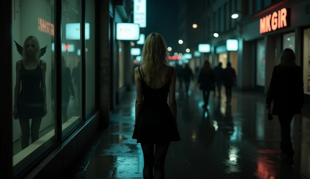 Night, realistic, first-person perspective, The view is directly ahead,  looking at a shopping window reflecting her fragile silhouette. In the glass, alongside her reflection, a haunting shadowy dark man figure with faint wings appears, The wet pavement reflects the vibrant signs above, and blurred pedestrians pass by in the periphery, oblivious to the surreal and unsettling vision in the window. The atmosphere is heavy, emphasizing her despair and disconnection