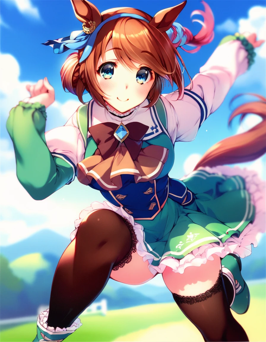 masterpiece, best quality, satono diamond \(umamusume\), 1girl, horse ears, ear ornament, running, smile, horse tail, looking at viewer, sleeves past wrists, blush, blurry, half updo, closed mouth, sky, outdoors, brown ascot, white frilled long sleeves, blue sky, blurry background, day, cloud, standing on one leg, depth of field, lace-trimmed high-low skirt green dress, brown thighhighs, white ankle boots, blue brooch, low back brown ribbon 