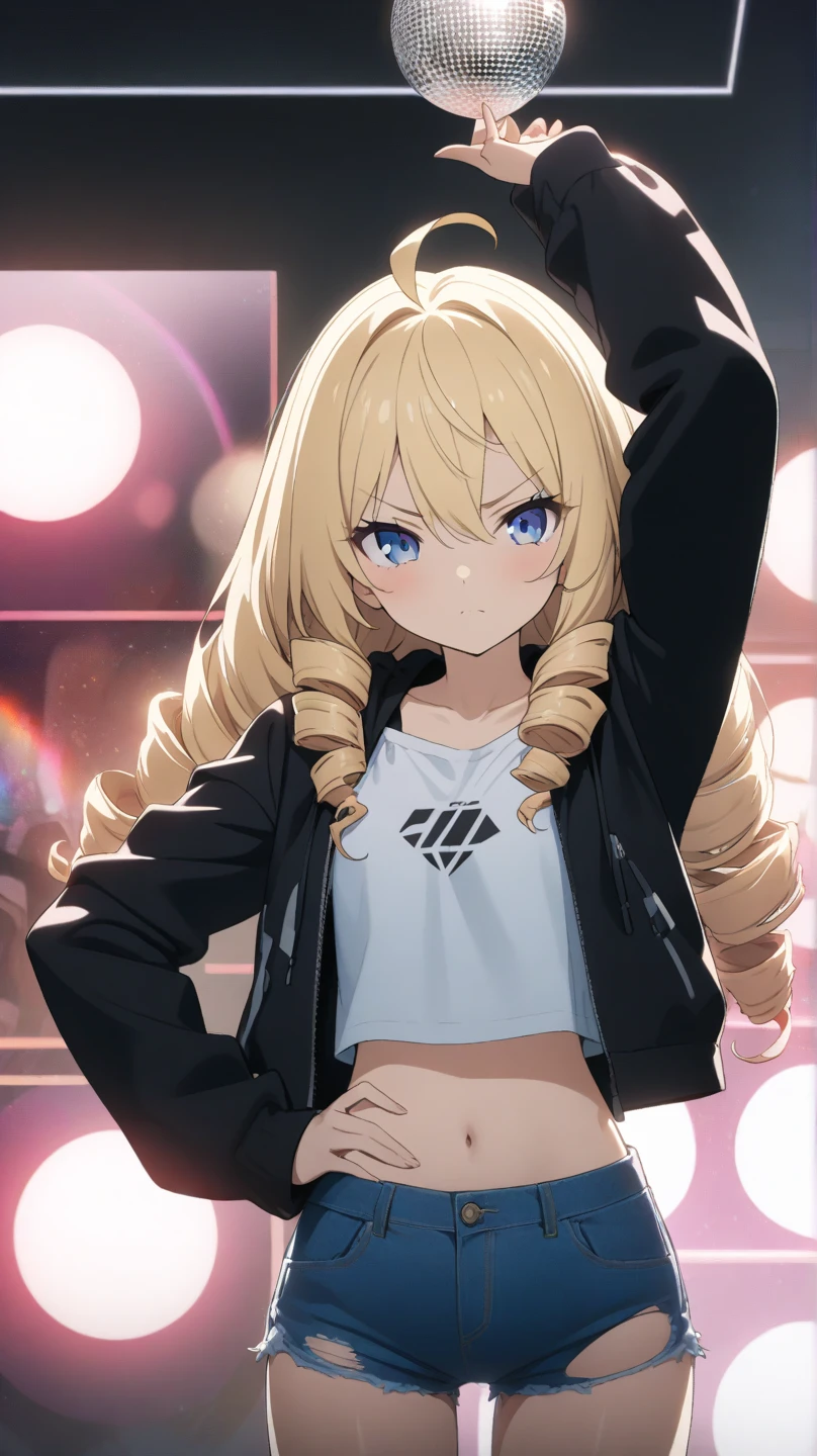 ( score_9, score_8_up, score_7_up ), ultra-detailed, detailed face, Solo, a girl, blonde, long hair, drill hair, ahoge, blue eyes, slant eyes, narrow eyes, white crop top of camisole, a black open hoodie with sleeves past wrists, denim shorts, torn shorts, Black platform boots, Saturday Night Fever pose, right index finger raised, right arm up, hips twisted to the left pose, left hand on own hip, disco background with mirror ball, anime, illustration, masterpiece, best quality, detailed, mystical atmosphere, pastel academia, soft-edged, soft surface, backlighting, moody lighting, underlighting, sharp shadows, fast shutter speed, 2D Anime, Best Hands, Best Hand, 135mm, F4.0, SONY FE GM, upper body, best hand