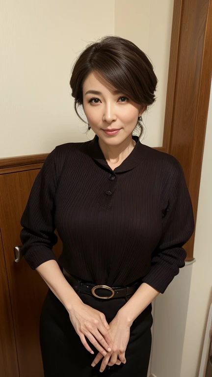 Highest quality、masterpiece、8k、Very detailed、Realistic、(One mature woman)、(Looking at me with a smile:1.5)、whole body、Black Hair、Small face、(Slender:1.2)、(Big Breasts:1.2)、(A tight-fitting dress with buttons on the chest and a collar:1.2)