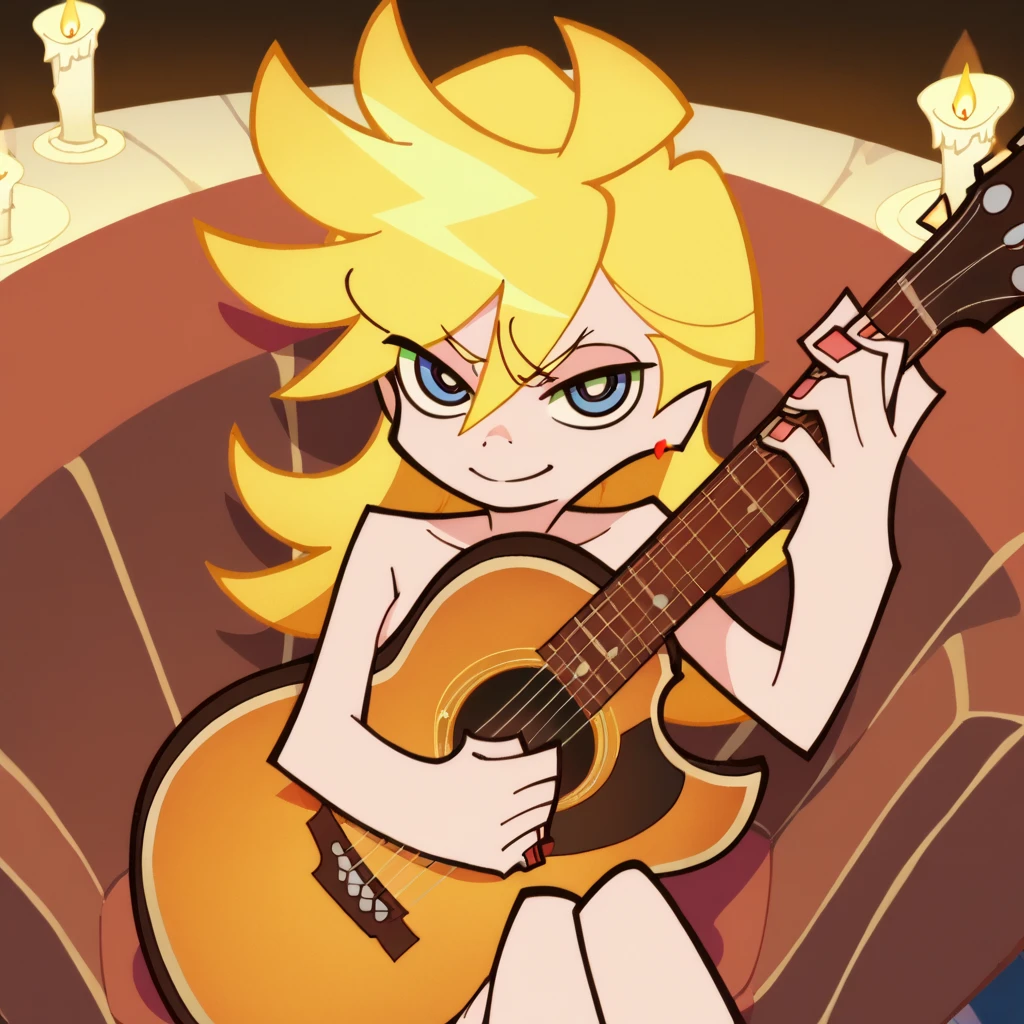 p&s style, rating_safe, score_10, sharp, anime screencap, flat shadows, flat colors, panty, blonde hair, blue eyes, closed mouth, half naked, bare shoulders, medium breast,  light smile, hiding her nudity behind guitar, hugging guitar with her hands, lying on the red sofa, candles lights burning, cozy room, nudity hidden under guitar, legs spread, guitar between legs, looking at the viewer, horny, rating_explicit, rating_questionable, nsfw, sexy, attractive, female focus, expressiveh, perfect face, perfect body, perfect fingers, perfect eyes, perfect hands, view from above, lying on her back

