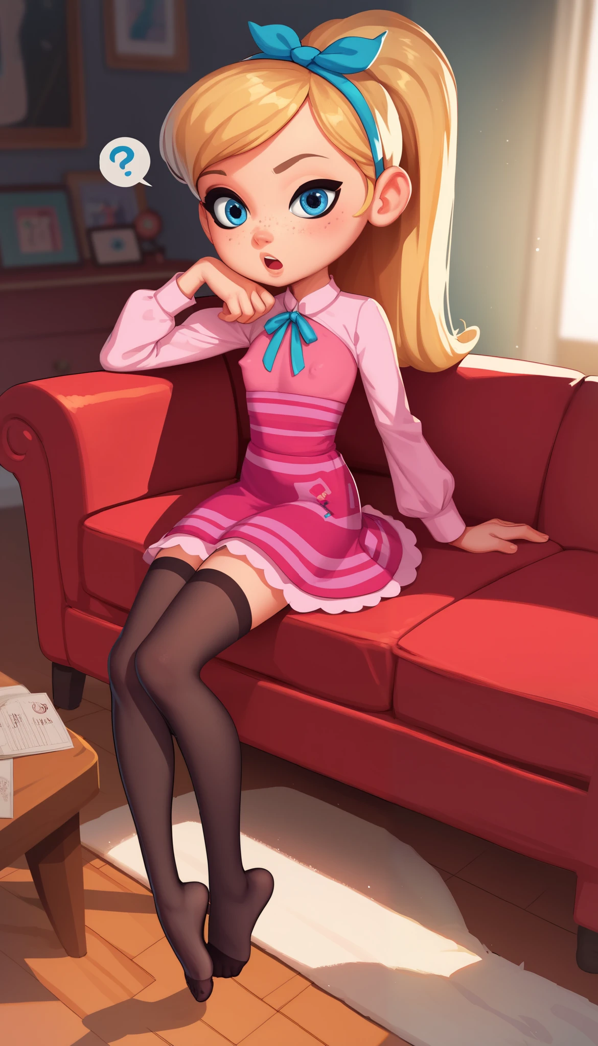 1girl, full body, solo, young girl, 9- , penny peterson, long hair, blue eyes, freckles, blonde hair, skirt, hairband, cyan ribbon, ponytail, black sexy stockings, flirtydress, pink dress, long sleeves, no shoes, score_9, score_8_up, score_7_up, score_6_up, score_5_up, sitting, sofa, sitting up, indoors, head tilted, one eyebrow raised, question mark, open mouth, looking at viewer, soft lighting, flat chest, erect nipple bulge