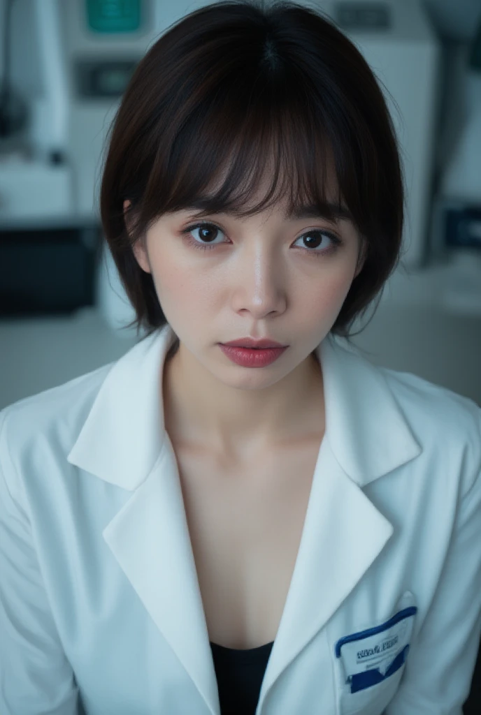 A brunette 19 y.o. girl in a labcoat in a laboratory. Cleavage. Pixie cut. badge written 'SeaArt'. Sad expression. Looking at camera. Shot from above