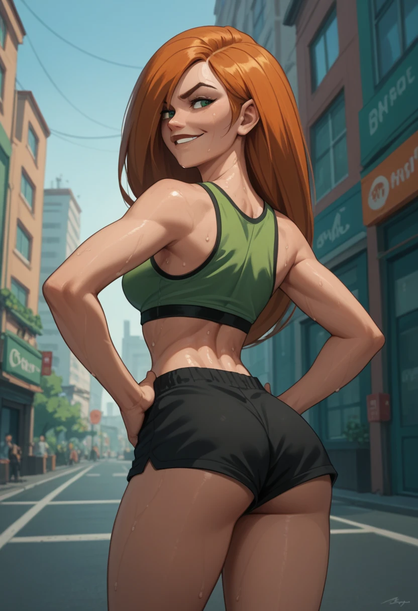 , from behind, Alone, 1 , Kim Possible, Sweat, smirk,  looking back ,  hands on their own hips,   long hair ,  hair over one eye , green sports top, black shorts,  short shorts , in this,  outdoor,  city street 