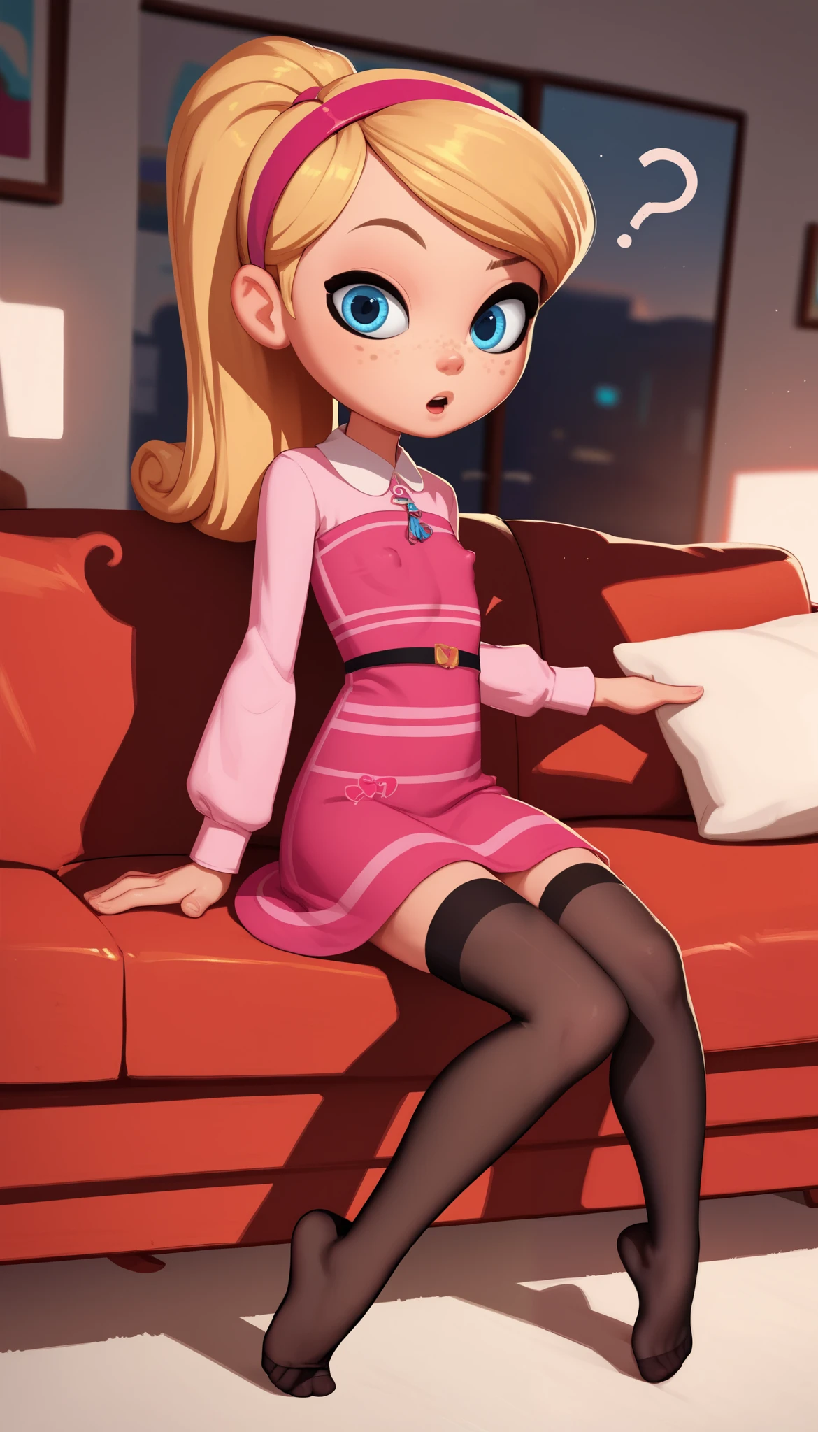 1girl, full body, solo, young girl, 9- , penny peterson, long hair, blue eyes, freckles, blonde hair, skirt, hairband, cyan ribbon, ponytail, black sexy stockings, flirtydress, pink dress, long sleeves, no shoes, score_9, score_8_up, score_7_up, score_6_up, score_5_up, sitting, sofa, sitting up, indoors, head tilted, one eyebrow raised, question mark, open mouth, looking at viewer, soft lighting, flat chest, erect nipple bulge