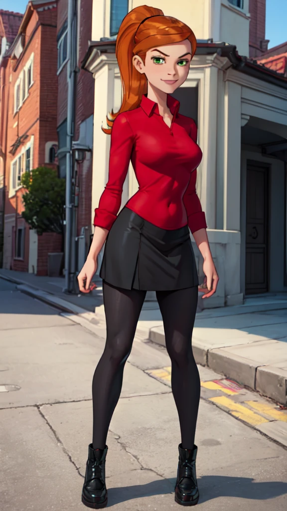 1 girl,(solo), (masterpiece:1.2), (high quality:1.0),looking at viewer, (ultra detailed),smile,pony tail,orange hair, green eyes, Gwen Tennyson, red shirt,black skirt,black transparent legging, (front view) medium body,full body view,seduing pose to the viewer