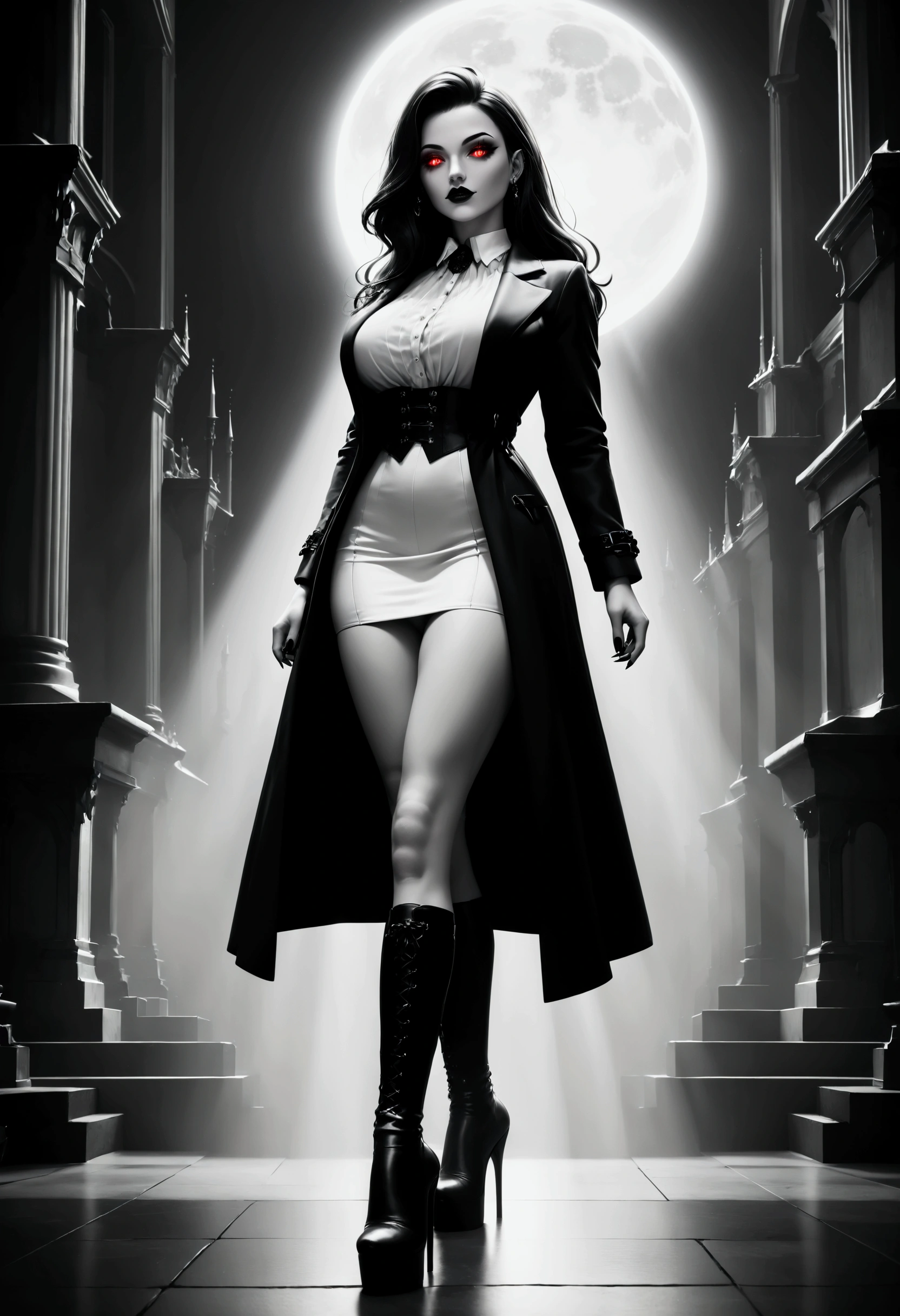 score_9, score_8_up, score_7_up, score. a female vampire in the night, a goth beauty, exquisite beautiful female vampire, best detailed face, red glowing eyes, full body, busty, wearing white bottom shirt, short skirt,  wearing high heeled boots, wearing  black trench coat, flowing trench coat, it is night time, moon light. moon rays, goth castle, background, , black and white 19th century picture, vibrant, Ultra-high resolution, High Contrast, (masterpiece:1.5), highest quality, Best aesthetics), best details, best quality, highres, ultra wide angle, 16k, [ultra detailed], masterpiece, best quality, (extremely detailed) RAW,  ral-chrosc-bw