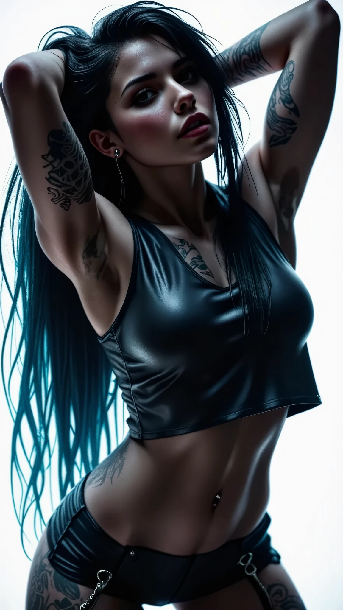  a woman with tattoos and piercings posing for a photo,  Black background, dark, jet black haired Chica cyberpunk,  seductive cyberpunk dark fantasy , dreamy Chica cyberpunk,  deviantart artstation cgscosiety , cyberpunk beautiful girl, Chica cyberpunk, cyberpunk atmosphere, beautiful Chica cyberpunk face, female cyberpunk anime girl, beautiful cyberpunk woman model,  work of art in the style of Guweiz, In cyberpunk style