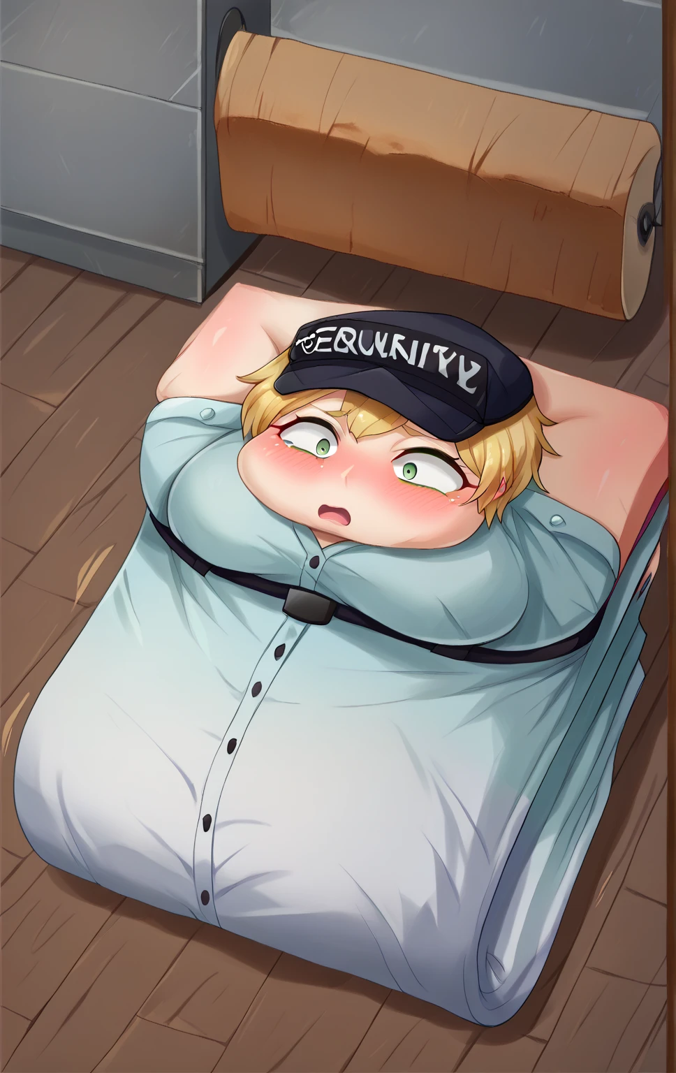 score_9,score_8_up,score_7_up BREAK vanessaSDXL,1girl,solo,short hair,blonde hair,shirt,hat,green eyes,belt,pants,uniform,police,police uniform,room,room background, obese, shocked, blush, on back, paper thin, flattened girl, flattened, on floor, lying on floor, roll press, factory, rollers,(towel body:1.3)