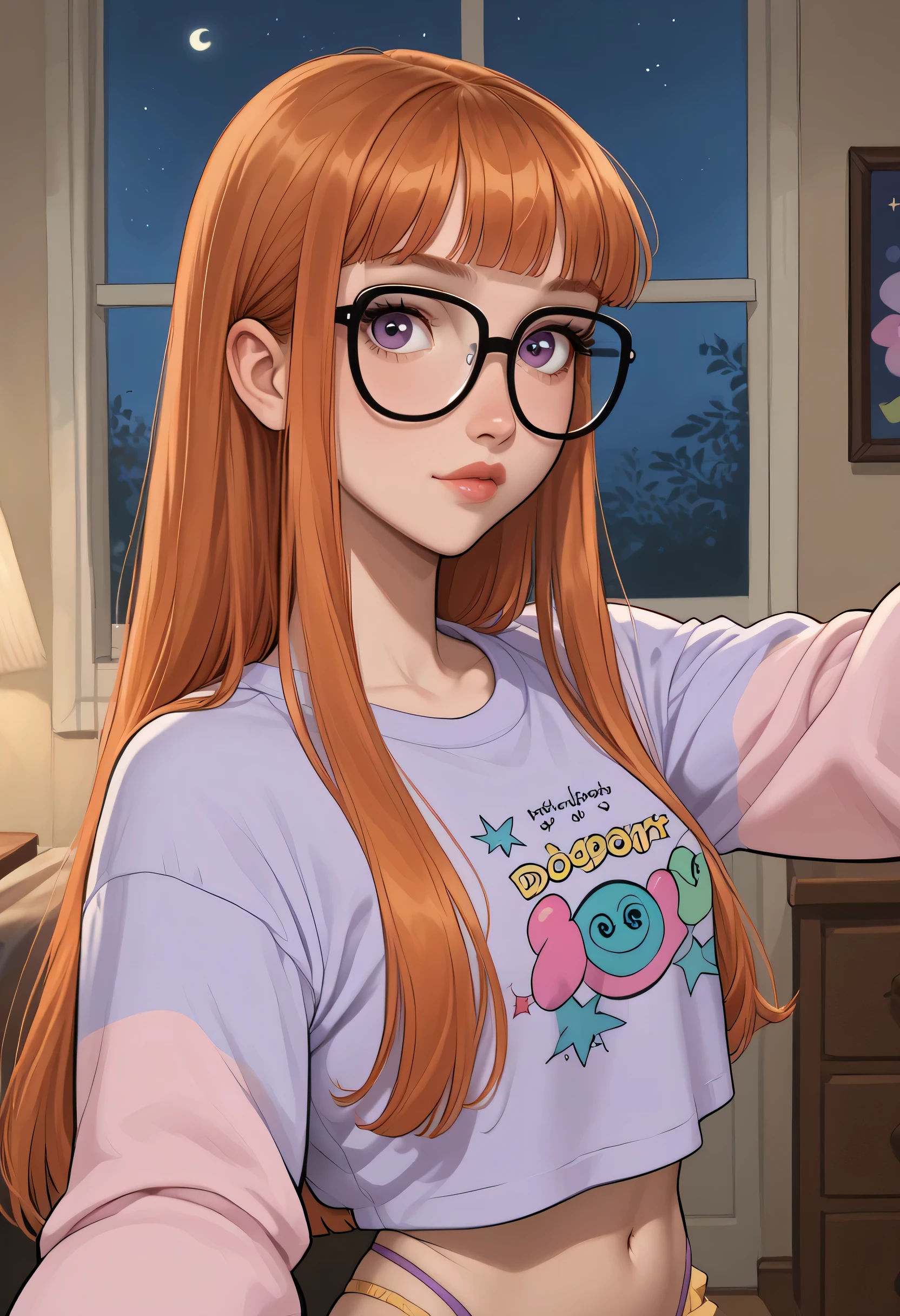 1girl, funny and sleeper expression, pastel colores pajama topped crop, futabasummer, orange hair, long hair, blunt bangs, glasses, purple eyes,, looking at viewer, livingroom back. (Slim Body). (NIGHT:1.4) portrait. score_9, score_8_up, score_7_up. SELFIE, thong.