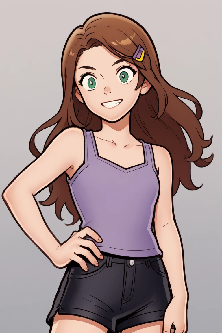 score_9, score_8_up, score_7_up, BREAK, source_anime,  1girl, solo, Diana, long hair, brown hair, green eyes,  shirt,  purple tanktop, black shorts, cowboy shot, smile, hand on hip, purple tanktop 