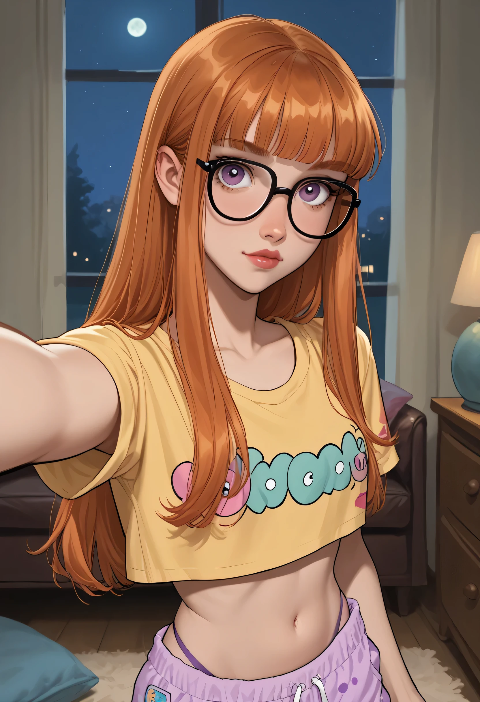 1girl, funny and sleeper expression, pastel colores pajama topped crop, futabasummer, orange hair, long hair, blunt bangs, glasses, purple eyes,, looking at viewer, livingroom back. (Slim Body). (NIGHT:1.4) portrait. score_9, score_8_up, score_7_up. SELFIE, thong.