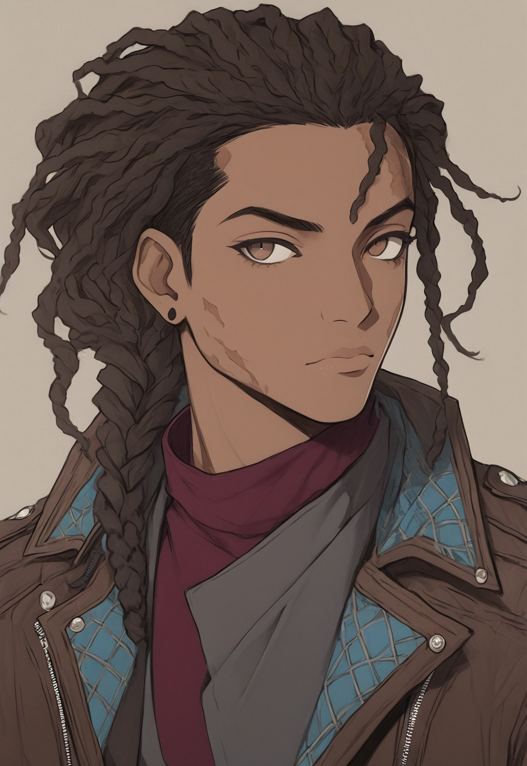 d braided dreadlocks, dreadlock ponytail ( ( dark skin ) ), small vitiligo on face:0.25, vitiligo patches, vitiligo spots on left eye and right cheek, detailed character portrait, katara from avatar, cel-shaded:17, ultra-shaded:15, colored sketch, character concept portrait of me, colored accurately, a handsome man wearing a burgundy shirt with and leather brown jacket, biker jacket, half body close-up shot, male character, single character full body, full body shot hyperdetailed, style of mirror\'s edge, kentaro miura style, half body render, highly detailed half body, half body portrait shot, epic and classy portrait, digital art from danganronpa,, detailed fanart, featured art, background artwork
 