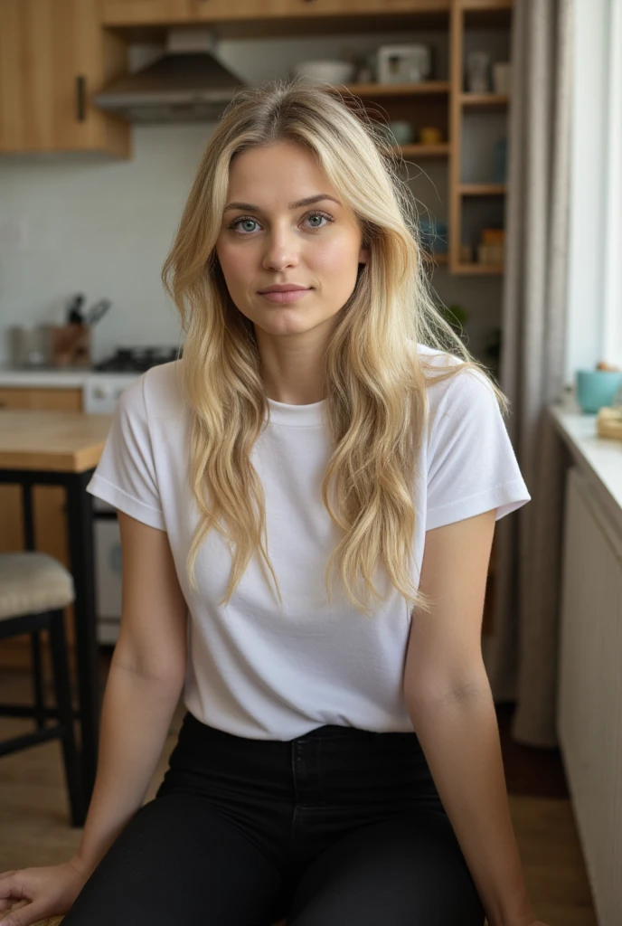 Selfie of a 30-year-old slim woman with long blond hair and grey-blue eyes, sitting at the kitchen. She is wearing black leggins and white T shirt. the photo was taken in front of the face a little from above, photo at morning light