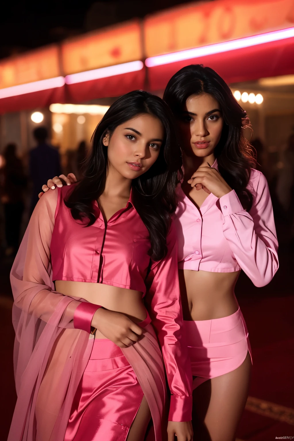 Two indian models sitting inside a car, in a rainy night, dark background, looking each other, romantic style, wearing pink and red saree, neon lights, 