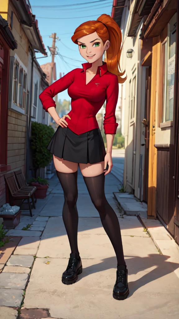 1 girl,(solo), (masterpiece:1.2), (high quality:1.0),looking at viewer, (ultra detailed),smile,pony tail,orange hair, green eyes, Gwen Tennyson, red shirt white borders,black skirt,black transparent legging, (front view) medium body,full body view,seduing pose to the viewer