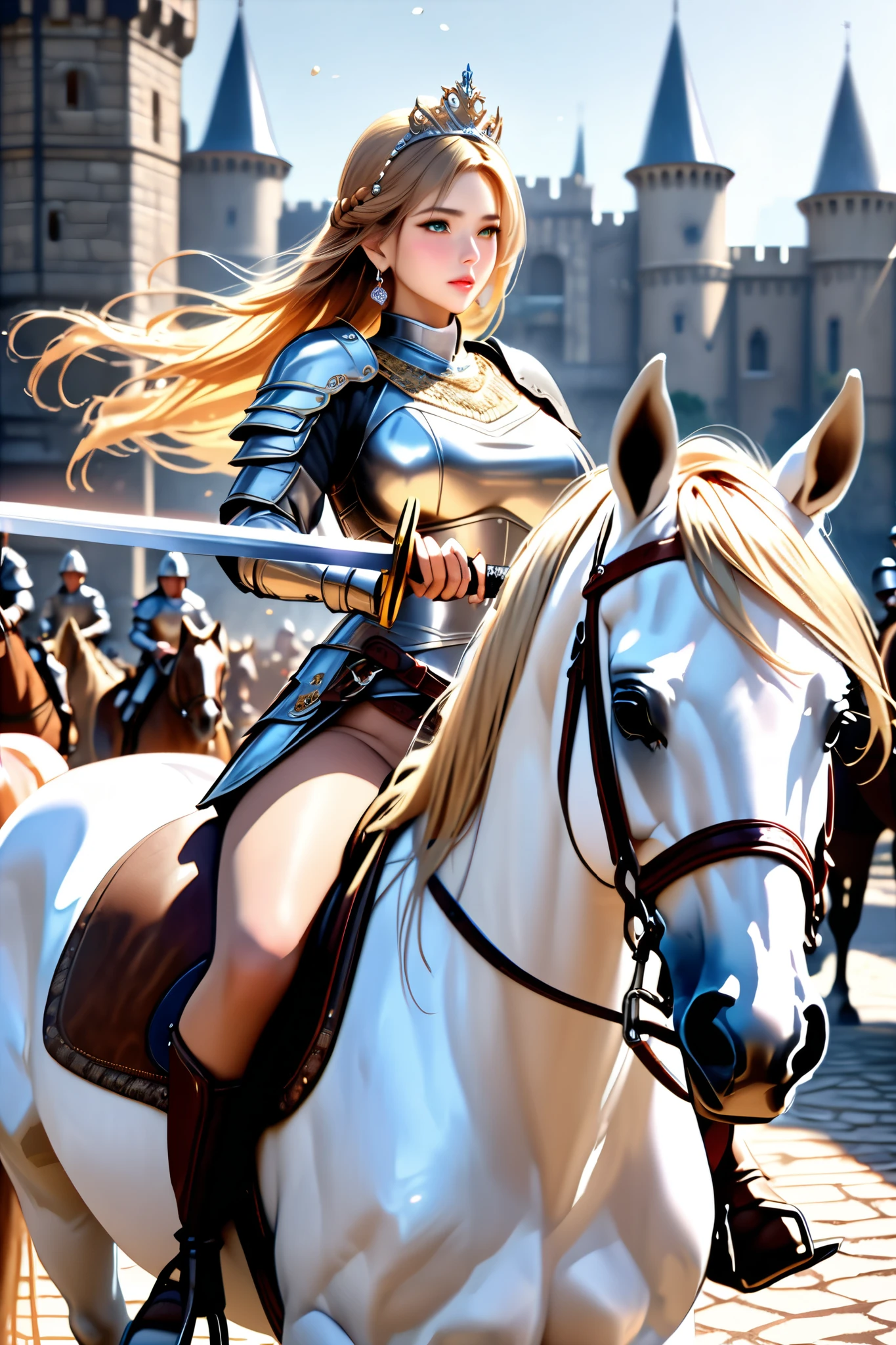 (Representative work: 1.2, best quality), realistic, (realistic, complex details, depth of field), 8k, best quality, representative work, high detail, semi realistic, 1 girl, young woman, 19 years old, golden long hair, bangs, right eye covered with hair, blue right eye, jewelry crown, palace style white and gold short skirts, golden iron boots, slim figure, sword wielding, horseback riding,