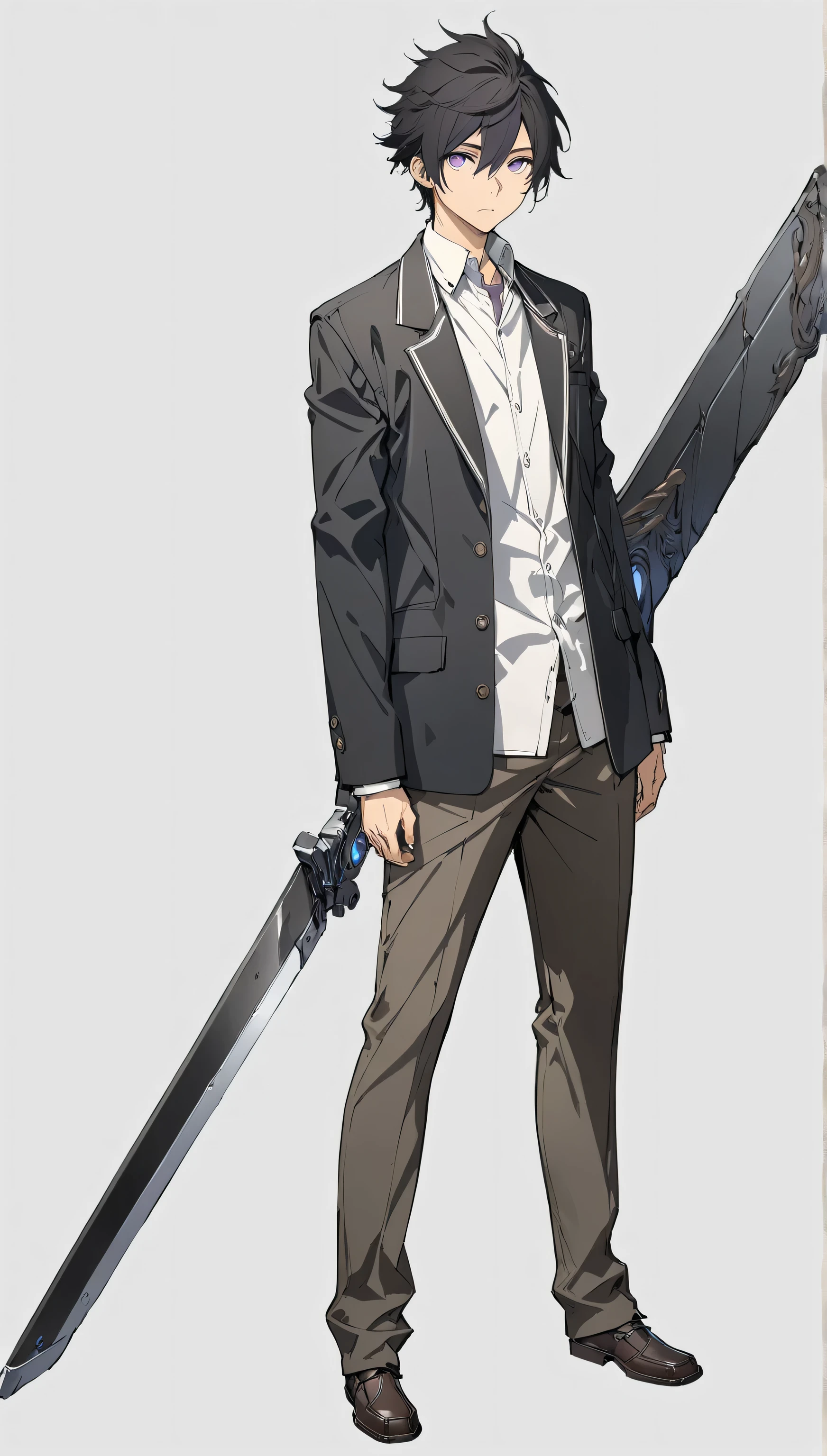 solo,1man,full body,black hair,Cool hairstyle,purple eyes,school uniform,large sword,looking at viewer,upright,arms at sides,concept art.white background,simple background,best quality,masterpiece,illustration,beautiful detailed eyes,expressionless,ultra-detailed,hairs between eyes