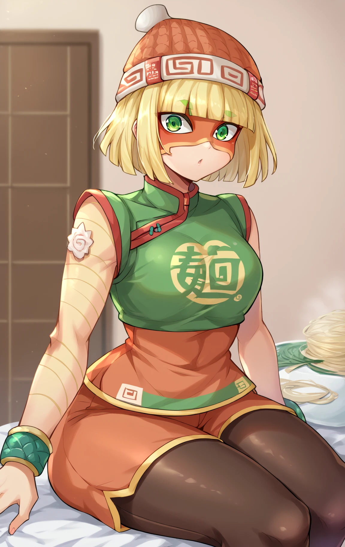 score_9,score_8_up,score_7_up BREAK MinMinSDXL,1girl,short hair,blonde hair,hat,(((yellow arms))),narutomaki,bracelet, mask,green eyes,pantyhose,shorts,blunt bangs,chinese clothes,green shirt,beanie,leggings,noodles,legwear under shorts,orange headwear,cowboy shot,room,room background,sitting,