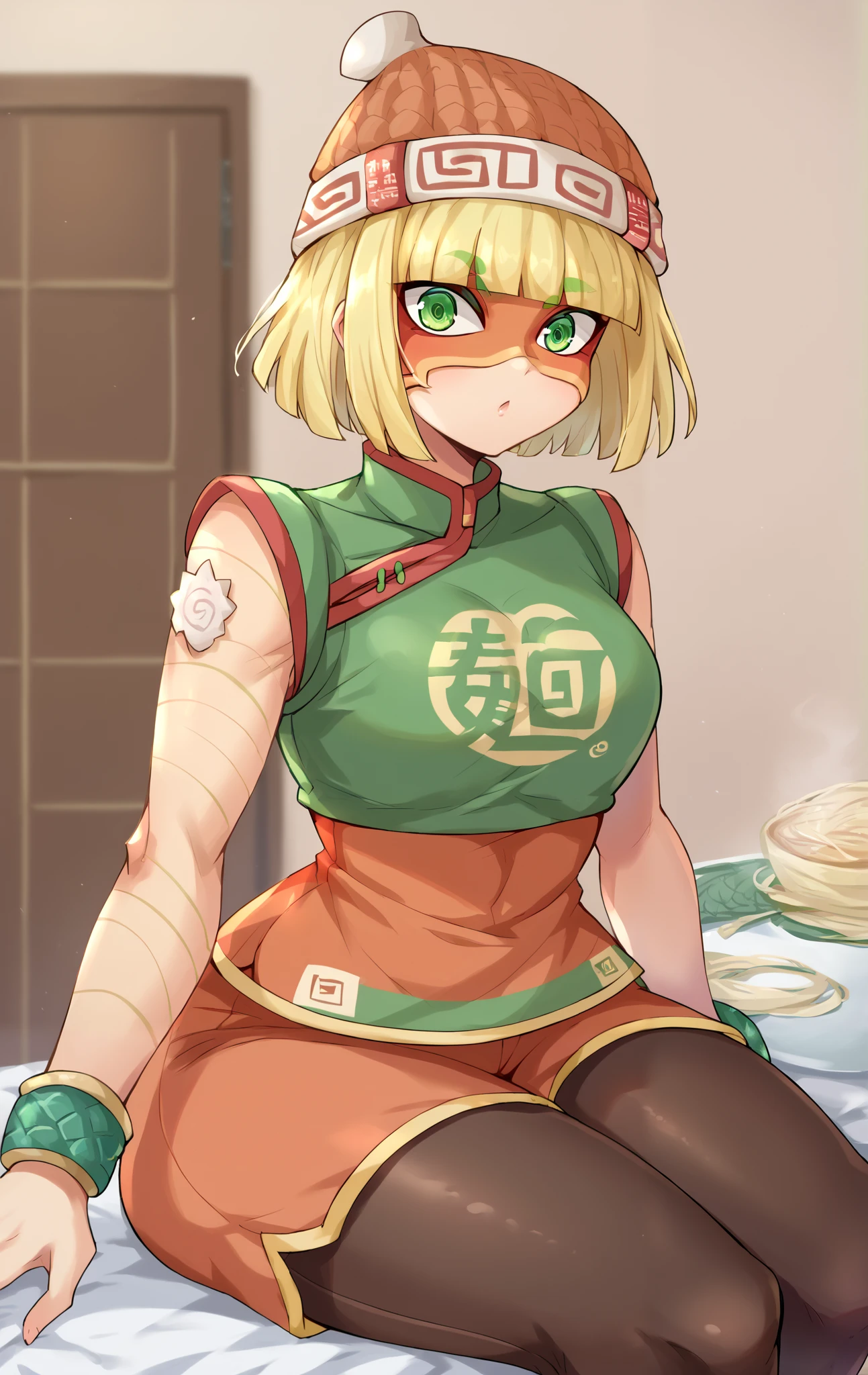 score_9,score_8_up,score_7_up BREAK MinMinSDXL,1girl,short hair,blonde hair,hat,(((yellow arms))),narutomaki,bracelet, mask,green eyes,pantyhose,shorts,blunt bangs,chinese clothes,green shirt,beanie,leggings,noodles,legwear under shorts,orange headwear,cowboy shot,room,room background,sitting,