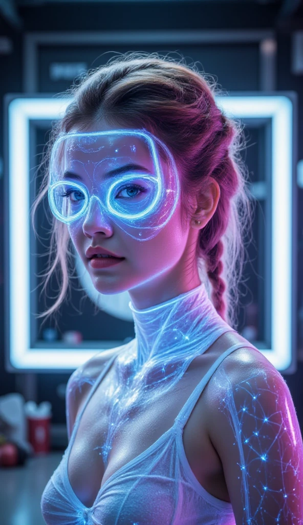 1 female fighter  ,( Wear a full coverage tech-punk mask:1.5),( transparent holographic helmet :1.2),Robotic Arm,Detailed close-up of faces, summon circle cave ,futurism,projection holographic display, blue holographic halo Laggador &#39;SRING,  wrapped around a holographic ribbon ，Fluorescent light , Special Effects,3D Art,3D Rendering, Octan Rendering, unreal engine,Hyperrealism, Rich background ,  realistic details ,  detailed depiction ,细节. HD, White and purple gradient hair color, ( 150 cm of braided hair  :1.4)