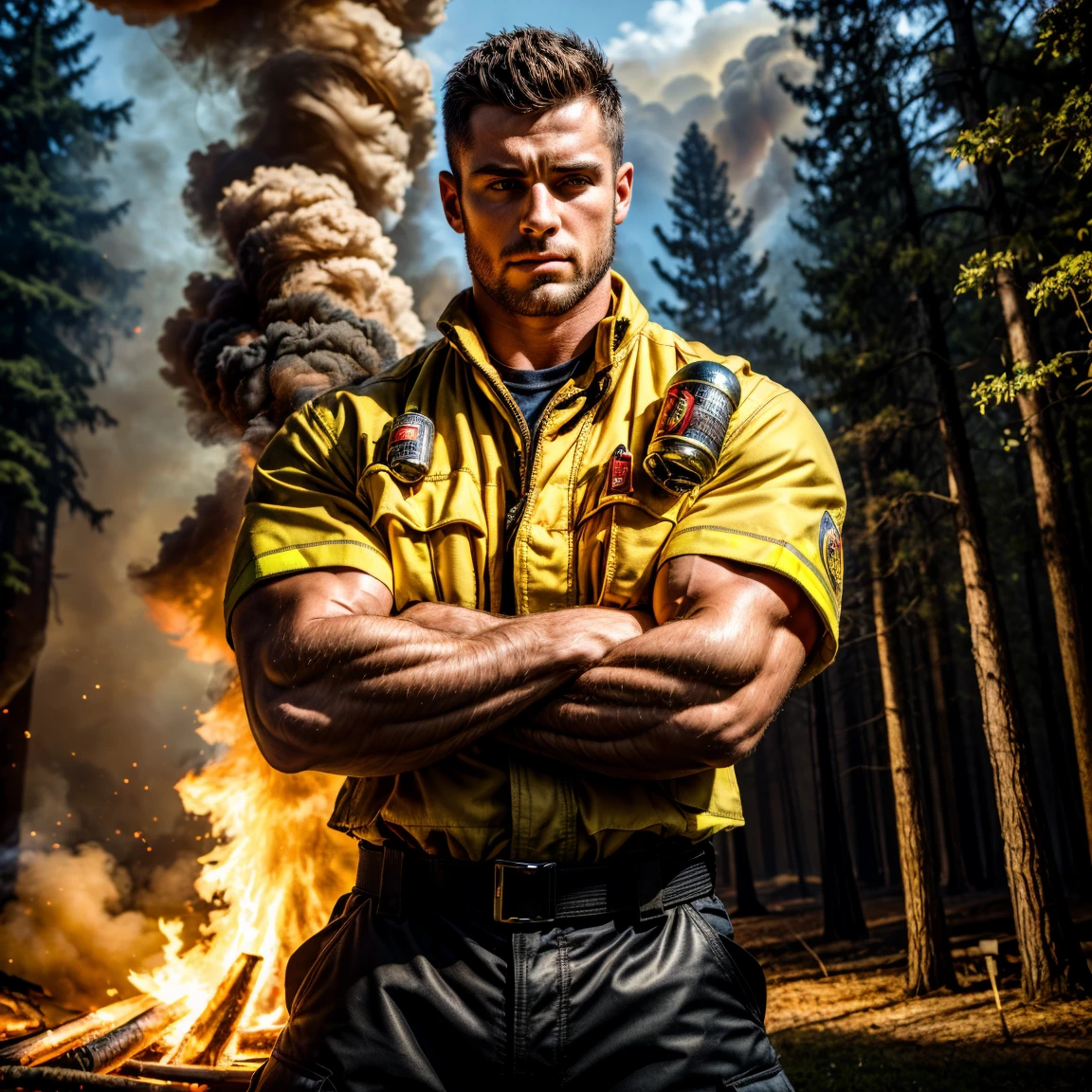 a fireman, shirtless, 79 yrs, holding an ax, behind is fire, wearing fireproof pants, Fireproof boots, Helmet