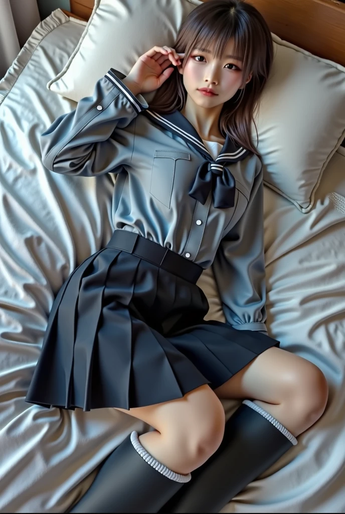 From above, Young girl, (Lying down), (Seifuku), (Black high socks), (foot), (The whole body is visible), (Light Smile:0.8), 超High resolution, retina, Accurate, masterpiece, Anatomically correct, Textured skin, Super detailed, Awards, highest quality, High resolution, 8k, (Realistic:1.4)