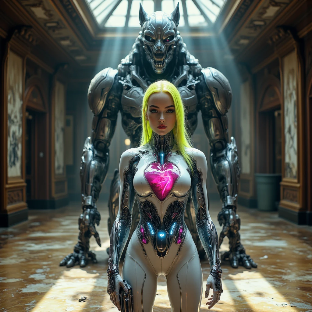 blond woman in a silver dress standing next to a purple creature, movie still of the alien girl, from a 2 0 1 9 sci fi 8 k movie, anamorphic bokeh and lens flares, cinematic unreal 5, unreal 5 8 k depth of field, still from a music video, movie still of a alien cyborg, sci - fi film still --auto --s2