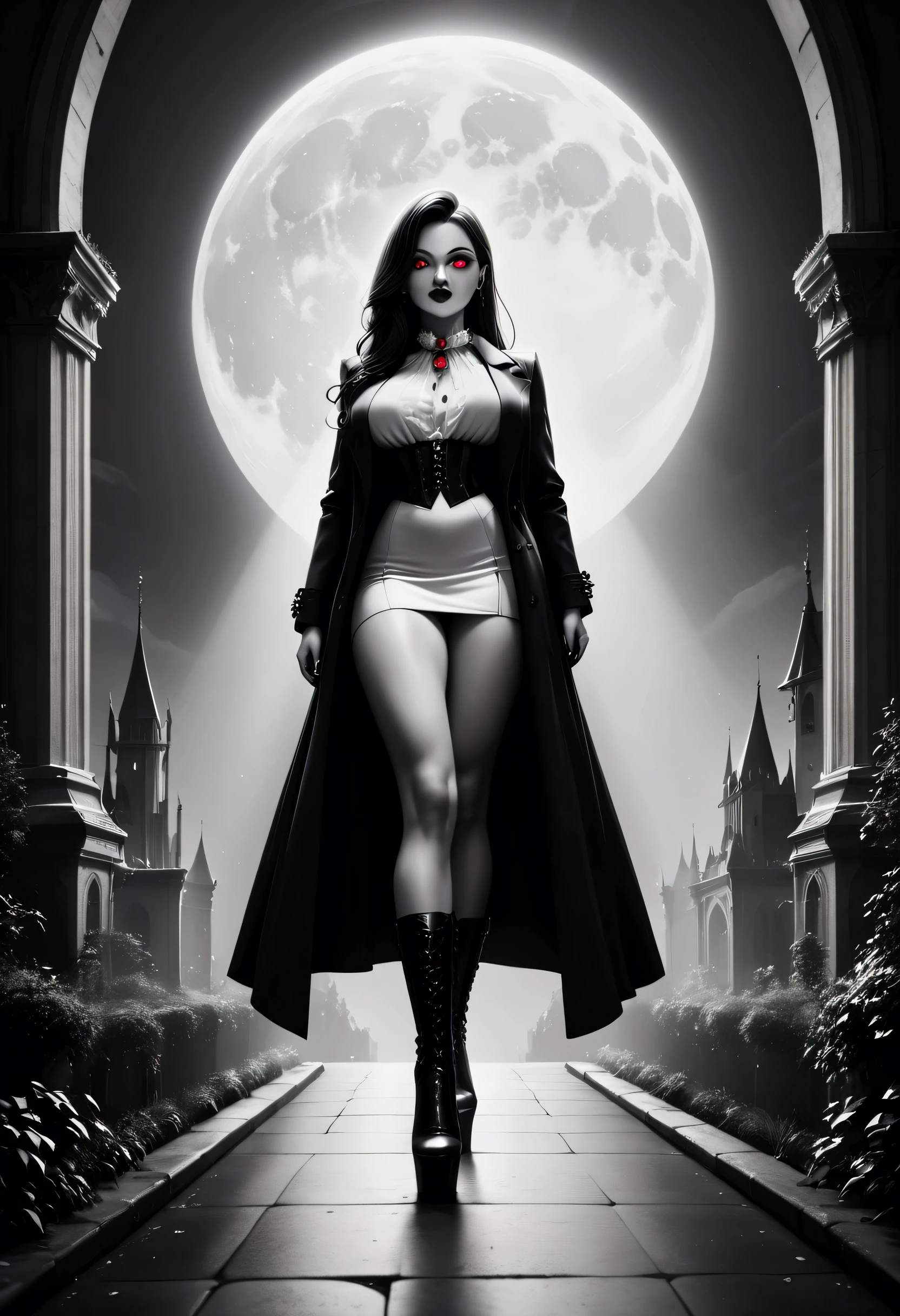 score_9, score_8_up, score_7_up, score. a female vampire in the night, a goth beauty, exquisite beautiful female vampire, best detailed face, red glowing eyes, full body, busty, wearing white bottom shirt, short skirt,  wearing high heeled boots, wearing  black trench coat, flowing trench coat, it is night time, moon light. moon rays, goth castle, background, , black and white 19th century picture, vibrant, Ultra-high resolution, High Contrast, (masterpiece:1.5), highest quality, Best aesthetics), best details, best quality, highres, ultra wide angle, 16k, [ultra detailed], masterpiece, best quality, (extremely detailed) RAW,  ral-chrosc-bw