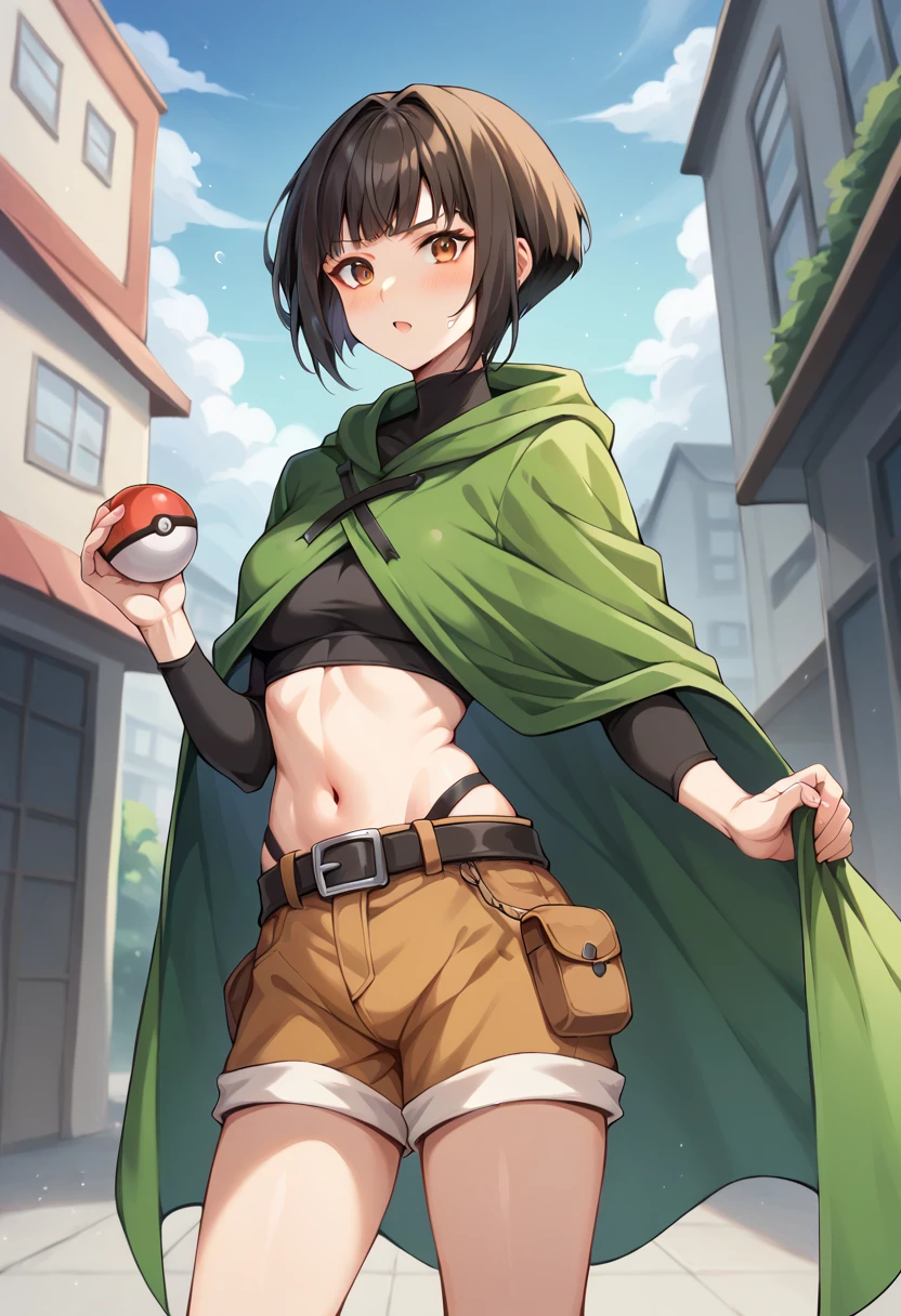 Gardenia has brown eyes and short half-brown, half-black hair. She wears a black long-sleeved crop top that shows her midriff under a green cloak with a black "X" mark in the center. She wears brown knee-length khaki shorts and a black belt with a silver buckle around her waist. Holding a pokemon near building 