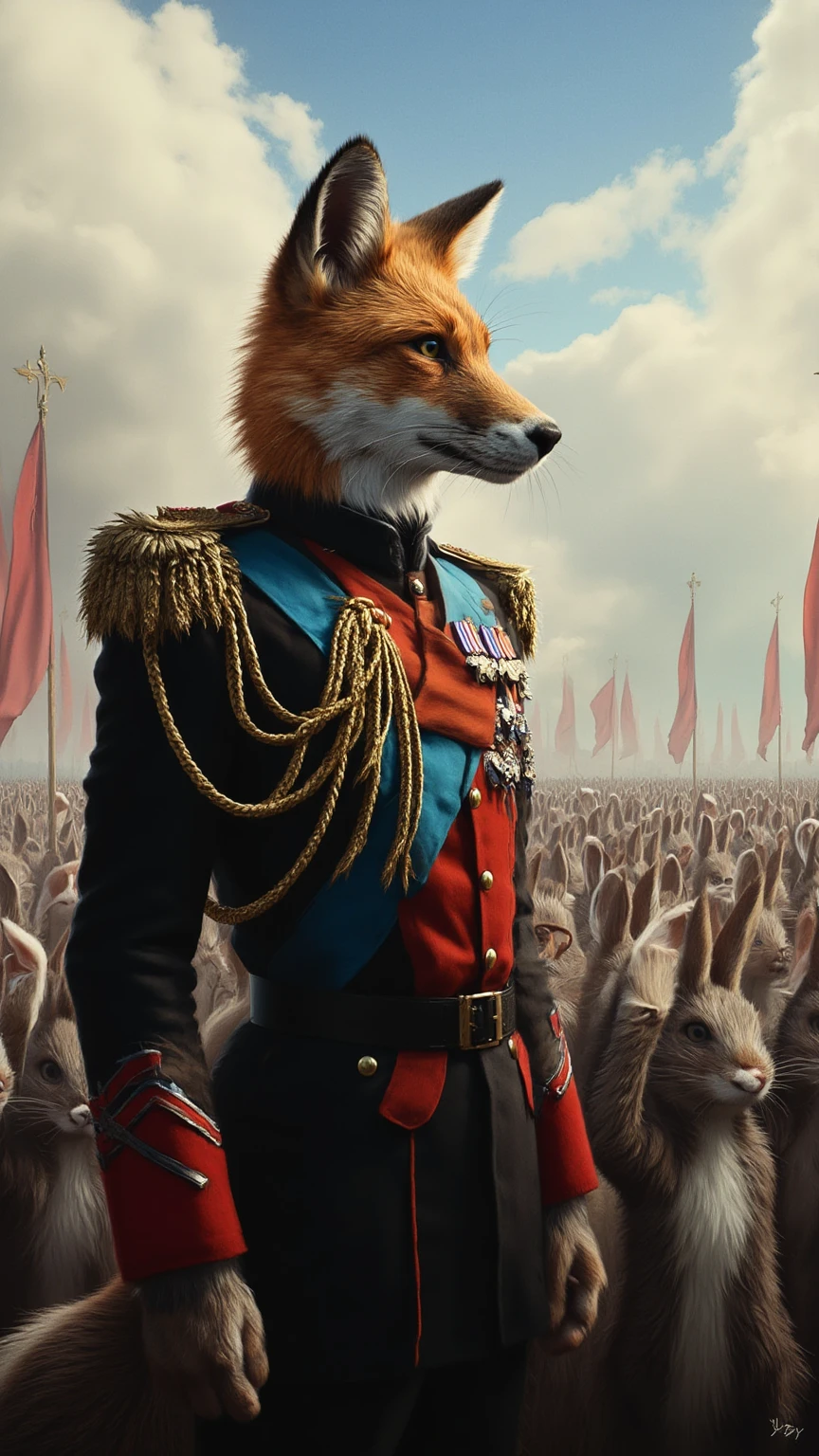 (best quality, 128k,highres,masterpiece:1.2),ultra-detailed,(realistic,photorealistic,photo-realistic:1.37), ((masterpiece)) ((photography)) ((Highest quality))  a photo of a fox general with black mustaches, wearing a decorated military uniform complete with medals and a formal hat. He stands proudly in the foreground, exuding confidence and authority. Behind him is an army of disciplined rabbits, all dressed in matching miniature military uniforms. The rabbits are lined up in perfect formation, each raising one hand in a military salute. The background features a dramatic battlefield or parade ground setting, with subtle clouds and banners waving in the distance. The scene should capture a mix of seriousness and charm, blending the anthropomorphic characters with a military theme.