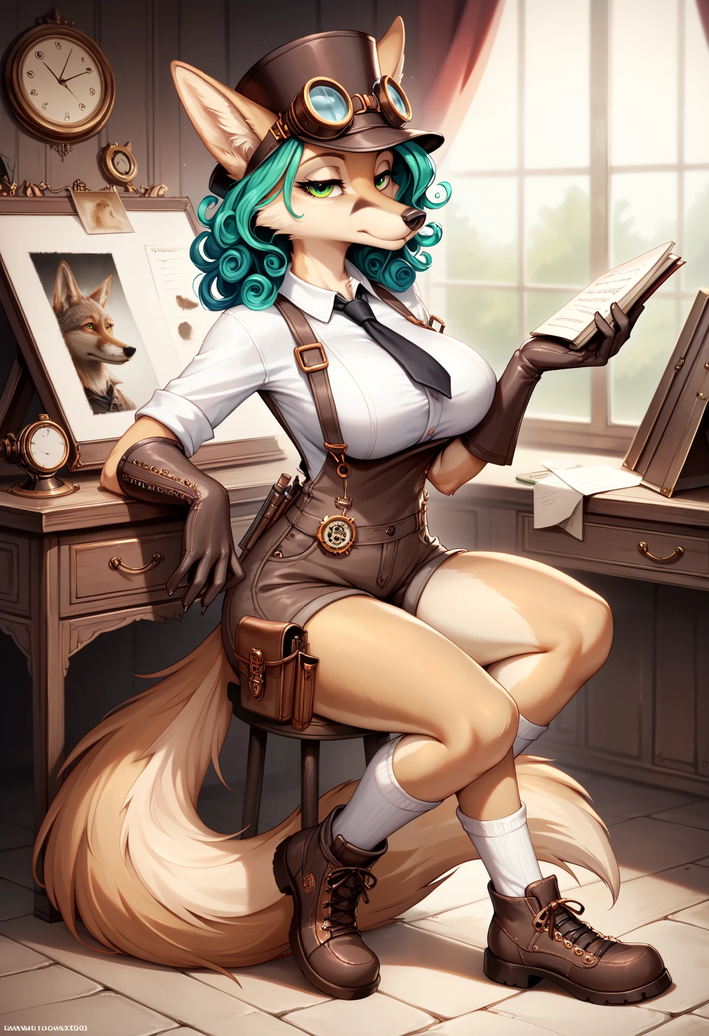  High Quality ,Perfectly shaped, detailed face , finely drawn eyes, handwritten style illustration,Pencil drawing, analog illustration style,Full body painting,Alone,furry girl,Coyote,Long nose,Sleepy eyes,Big Breasts,gray color,Green eyes,Green colored hair,Short Bob with Curly Hair, Steampunk Style,Hunting hat with goggles, monocle,Elegance and shirts,Black tie,Brown overalls, WHITE KNEE HIGH SOCKS ,Thick perforated gloves,holster, no background 