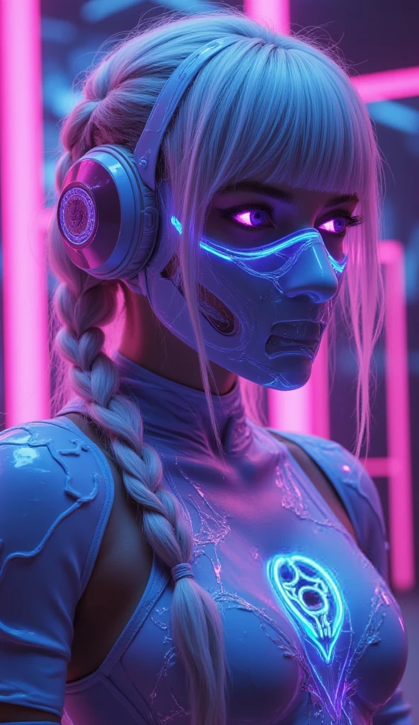 1 female fighter  ,( Wear a full coverage tech-punk mask:1.5),( transparent holographic helmet :1.2),Robotic Arm,Detailed close-up of faces, summon circle cave ,futurism,projection holographic display, blue holographic halo Laggador &#39;SRING,  wrapped around a holographic ribbon ，Fluorescent light , Special Effects,3D Art,3D Rendering, Octan Rendering, unreal engine,Hyperrealism, Rich background ,  realistic details ,  detailed depiction ,细节. HD, White and purple gradient hair color, ( 150 cm of braided hair  :1.4)