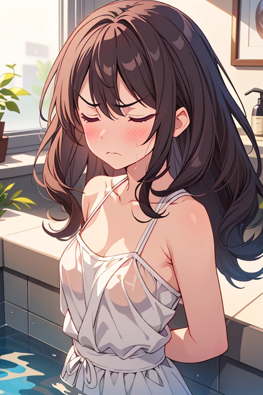 Top Quality, Masterpiece, Ultra High Resolution, (Photorealistic: 1.4), Raw Photo, (Real Skin Texture: 1.3), (Film Grain: 1.3), Panorama, Character Portrait, Very Wide Shot, Narrow Waist, Luxurious White Bikini, (In Darkness, Deep Shadow, Low Key, Cold Light), Night, Close Up, Spread Your Legs, indoors, dust, tyndall effect, sad, disappointed, melancholy (facial expression), sitting, (towards the wall), crying, frowning, (bowing their heads), nervous, tearing, loneliness, 1 girl, beautiful detailed eyes and face, white jabo, off-shoulder, brown eyes,