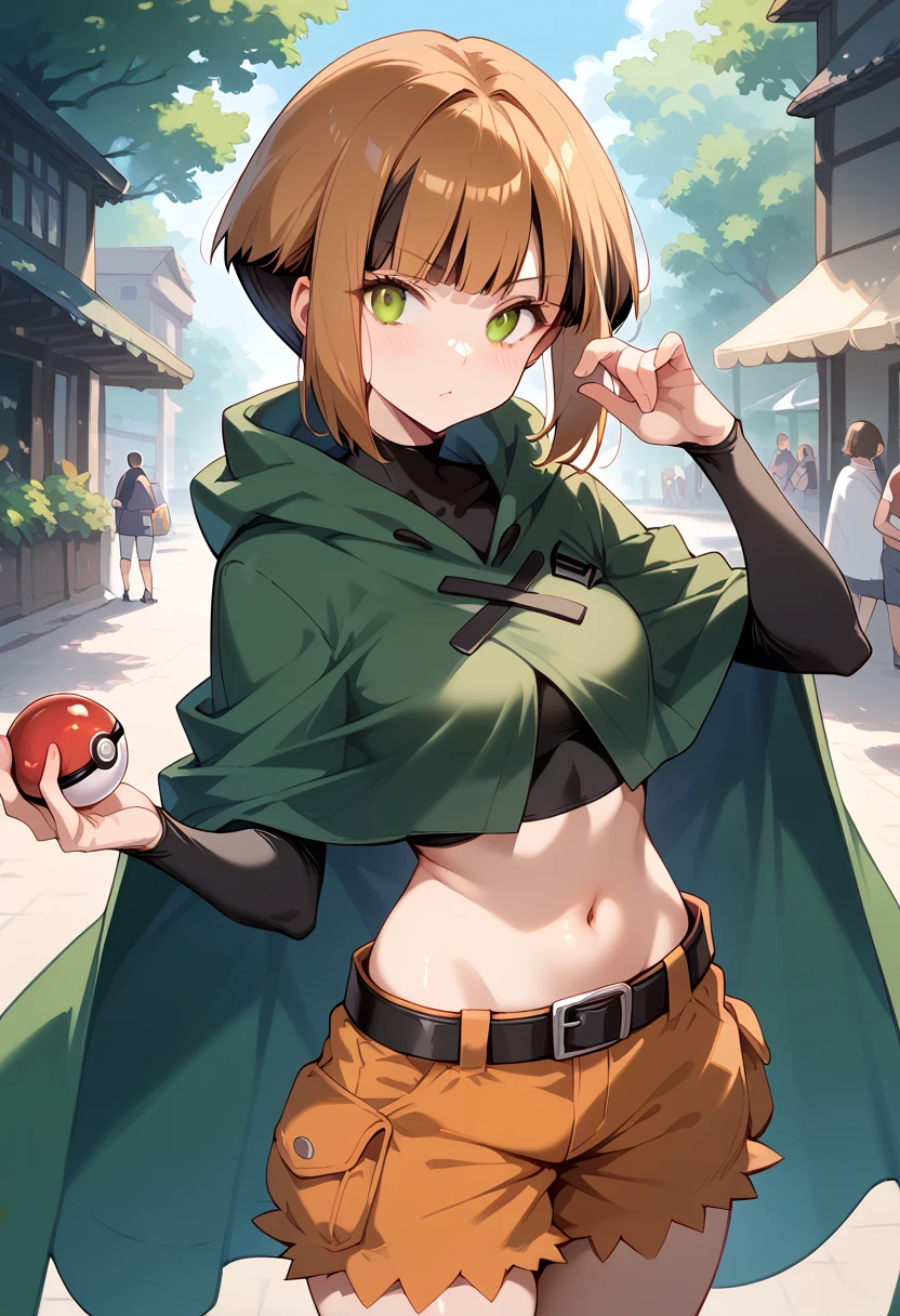 Gardenia holding a PokeBall at the  poke park. she has brown eyes and short half-brown, half-black hair. She wears a black long-sleeved crop top that shows her midriff under a green cloak with a black "X" mark in the center. She wears brown knee-length khaki shorts and a black belt with a silver buckle around her waist. 