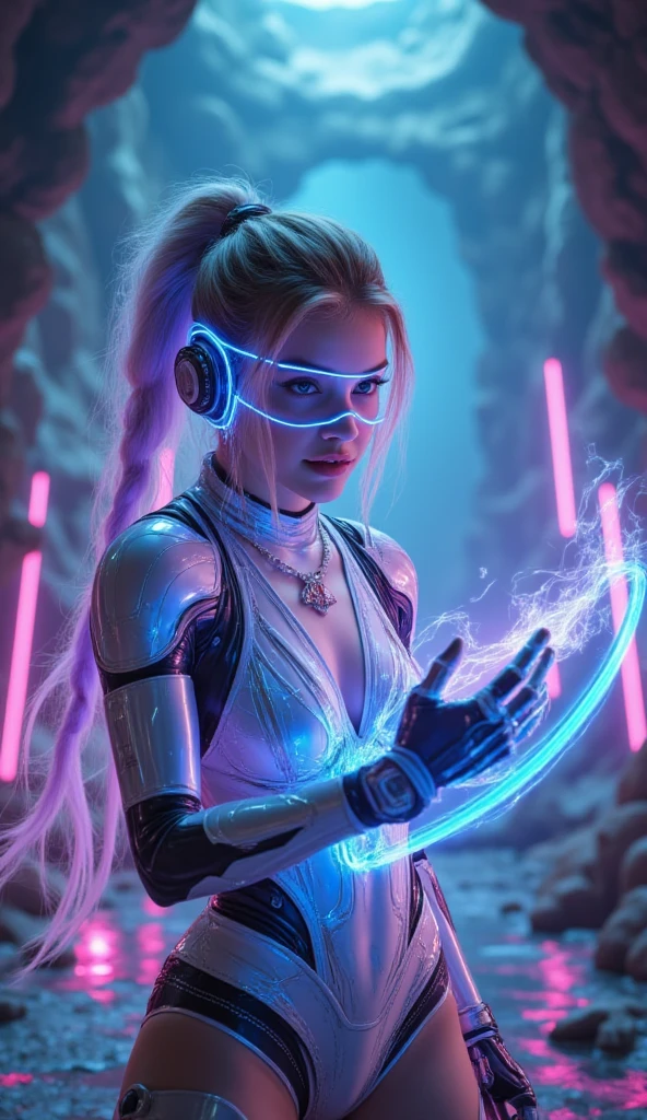 1 female fighter  ,( Wear a full coverage tech-punk mask:1.5),( transparent holographic helmet :1.2),Robotic Arm,Detailed close-up of faces, summon circle cave ,futurism,projection holographic display, blue holographic halo Laggador &#39;SRING,  wrapped around a holographic ribbon ，Fluorescent light , Special Effects,3D Art,3D Rendering, Octan Rendering, unreal engine,Hyperrealism, Rich background ,  realistic details ,  detailed depiction ,细节. HD, White and purple gradient hair color, ( 150 cm of braided hair  :1.4)