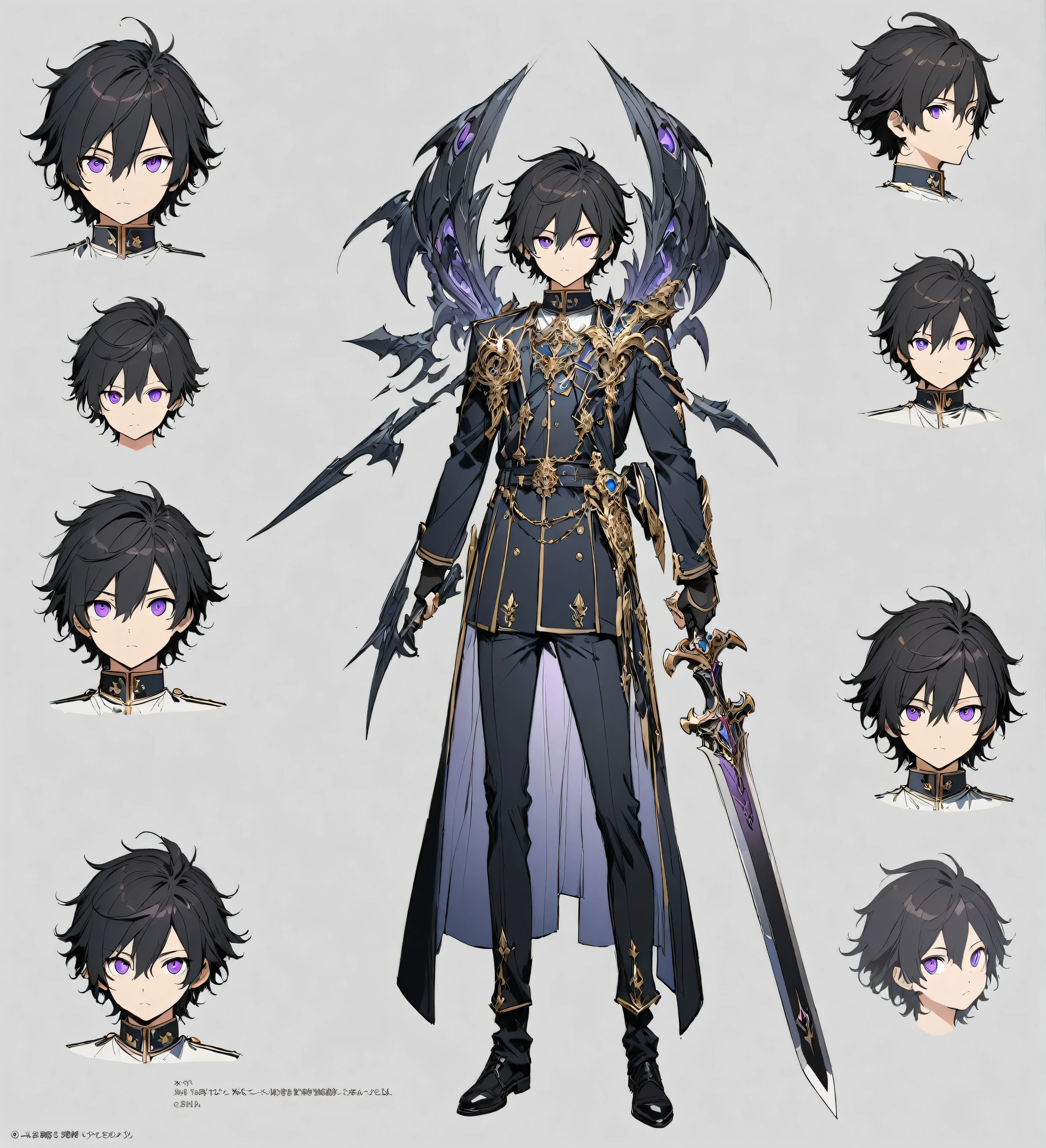 solo,1man,full body,black hair,Cool hairstyle,purple eyes,uniform,school uniform,holding a great sword in hand,looking at viewer,upright,arms at sides,concept art.white background,simple background,best quality,masterpiece,illustration,beautiful detailed eyes,expressionless,ultra-detailed,hairs between eyes