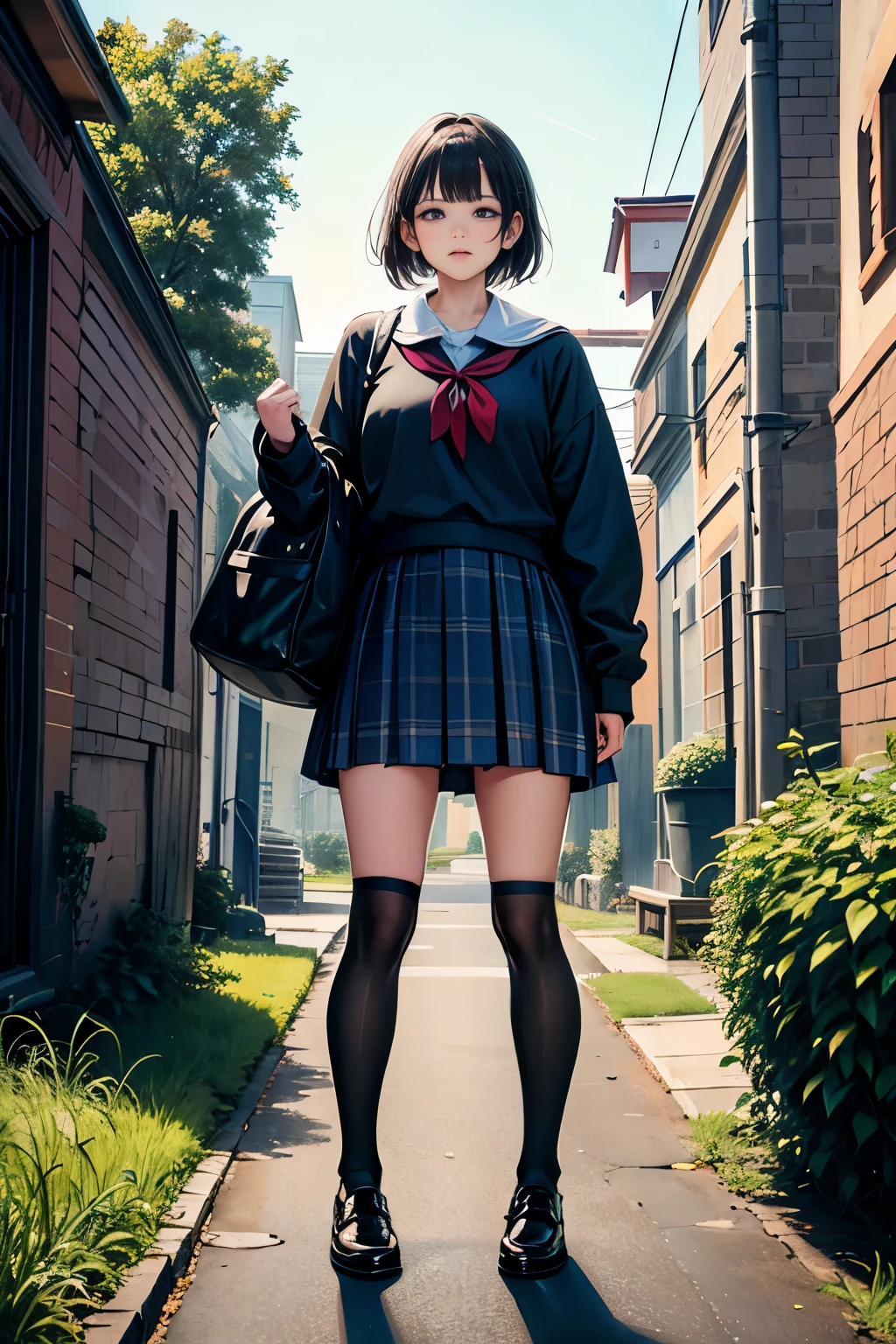giant art, Surreal school girl, 非常に詳細な giantショット, giant, short hair, A giant schoolgirl' much larger than a skyscraper , wear rimless glasses , Big Breasts, Thick Ass, navy blue blazer lined with plush toys, red tie, mini skirt , black pantyhose holding a puppy, Shipgirl, miniature metropolis, Being attacked by a very small battleship., GTS, giga giant, giant, Crashed Battleship, Small battleship, Micro Battleship,