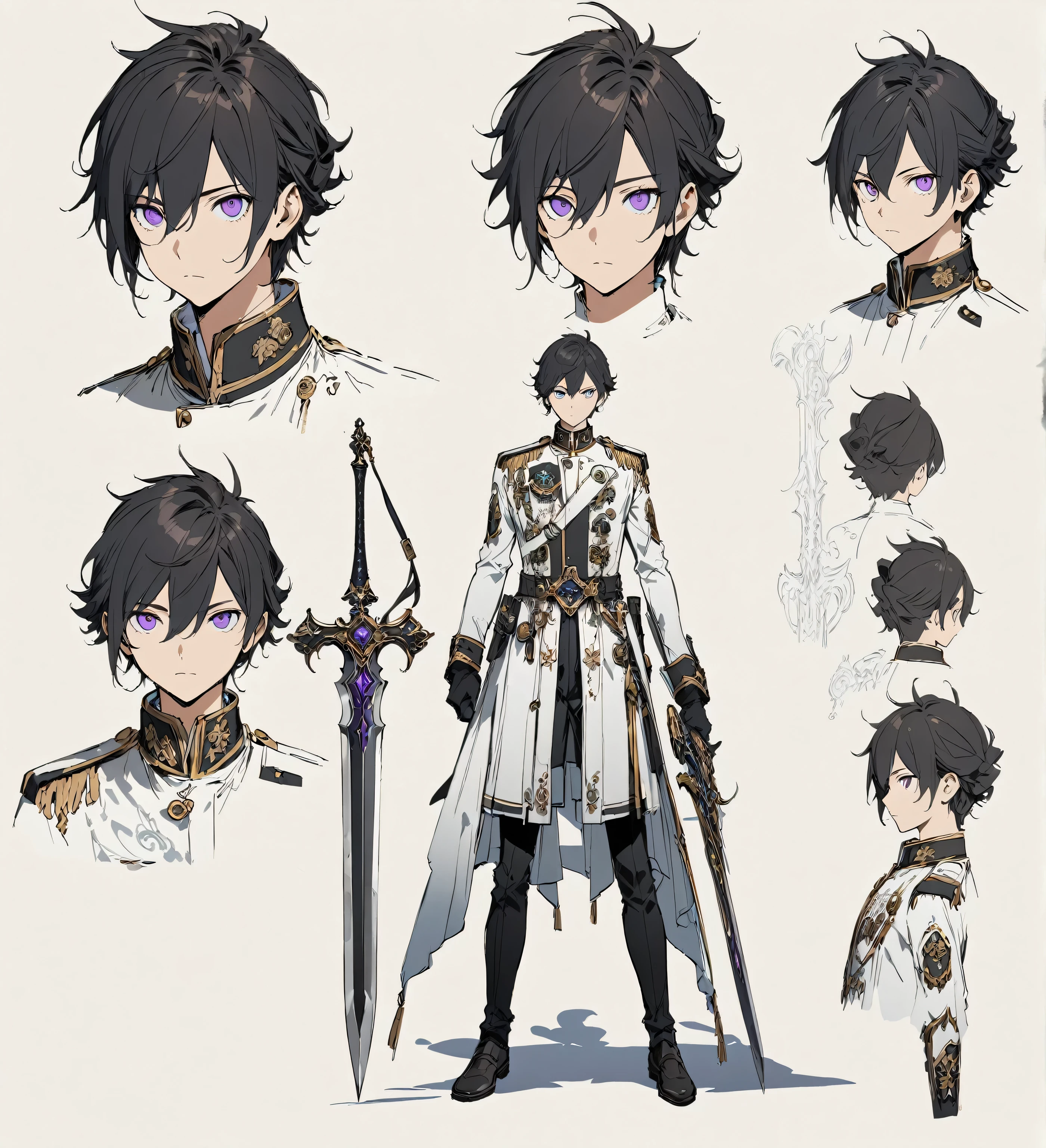 solo,1man,full body,black hair,Cool hairstyle,purple eyes,uniform,school uniform,holding a great sword in hand,looking at viewer,upright,arms at sides,concept art.white background,simple background,best quality,masterpiece,illustration,beautiful detailed eyes,expressionless,ultra-detailed,hairs between eyes