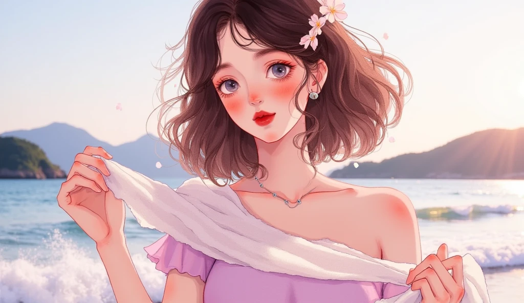 ( is of the best quality,4K,8k, high resolution,masterpiece:1.2),Super details,(Actual,photoActual,photo-Actual:1.37),Unique style, Half-body portrait of a woman with short, wavy hair, wearing a soft pastel-colored dress, standing in a natural setting like a serene beach during sunset, with gentle waves in the background and a faint mist in the air, her expression calm yet thoughtful, eyes slightly closed as if feeling the breeze, a subtle smile on her lips, hands gently holding a light scarf flowing in the wind, soft light casting a gentle glow on her face, skin glowing in soft, muted tones, the overall color palette in pastel hues of pink, lavender, and light blue, with soft, hand-drawn anime-style lines, light shadows to add depth, distant mountains visible in the far background, soft ripples on the water, the atmosphere peaceful and introspective, as if she is lost in a quiet moment of reflection, the beach's fine sand and gentle waves complementing her relaxed, serene vibe.